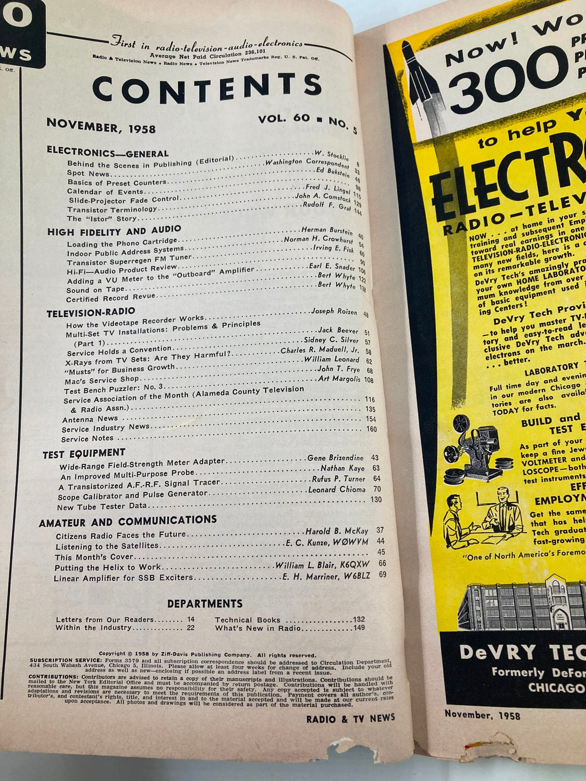 Inside page of VTG Radio & TV News Magazine November 1958 showing the table of contents and articles related to electronics and amateur communications.
