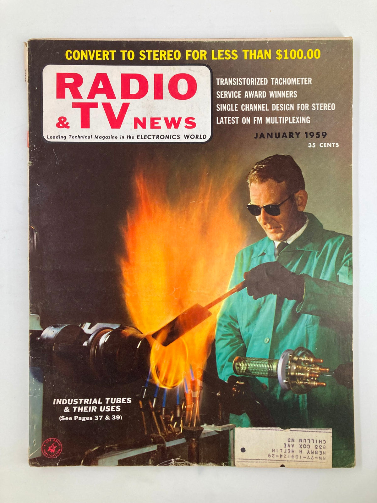 Cover of VTG Radio & TV News Magazine, January 1959, featuring an article on Industrial Tubes and Their Uses, showing a man in sunglasses working with industrial equipment.