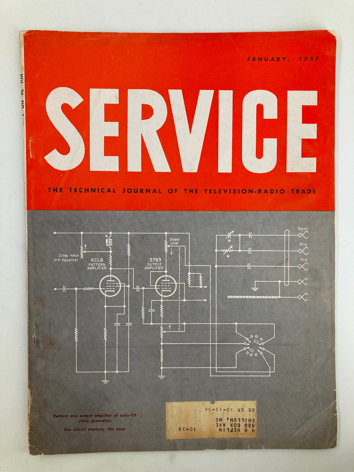 Cover of VTG Service Magazine January 1957 featuring a technical illustration of pattern and output amplifier circuits for color TV, showcasing innovations in television technology.