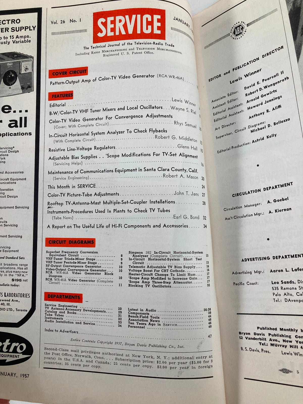 Interior page of Vintage Service Magazine from January 1957 featuring the table of contents and key focus on Pattern and Output Amplifier of Color-TV.