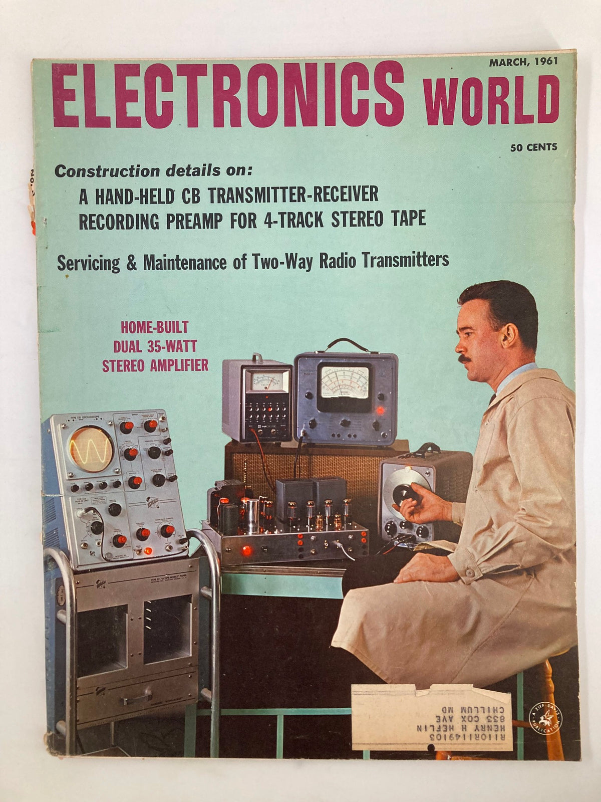 Cover of VTG Electronics World Magazine March 1961 featuring an article on Home-Built Dual 35-Watt Stereo Amplifier, showcasing vintage electronics and audio technology.