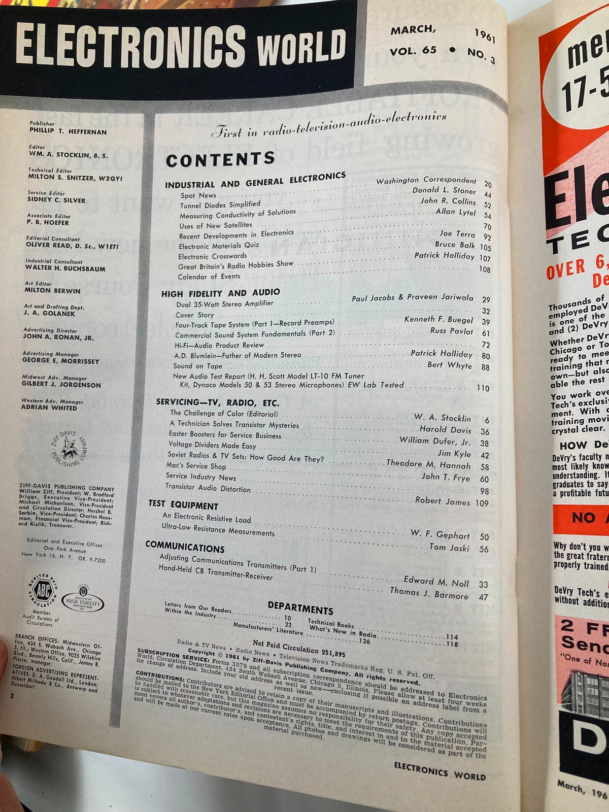 Contents page of VTG Electronics World Magazine March 1961, detailing articles including Home-Built Dual 35-Watt Stereo Amplifier and popular electronics topics.