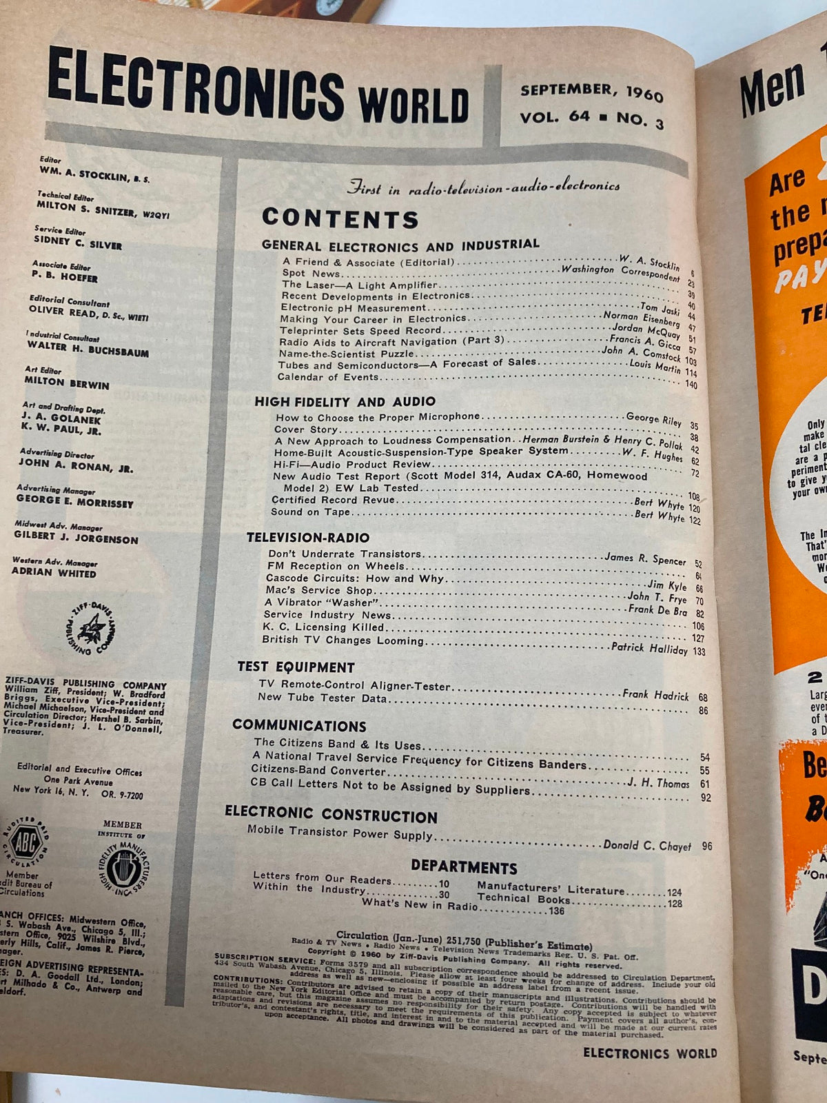 Contents page of Electronics World Magazine, September 1960, displaying articles related to high fidelity audio, electronics, and communication technologies. This vintage magazine provides insights into the technological landscape of its time.
