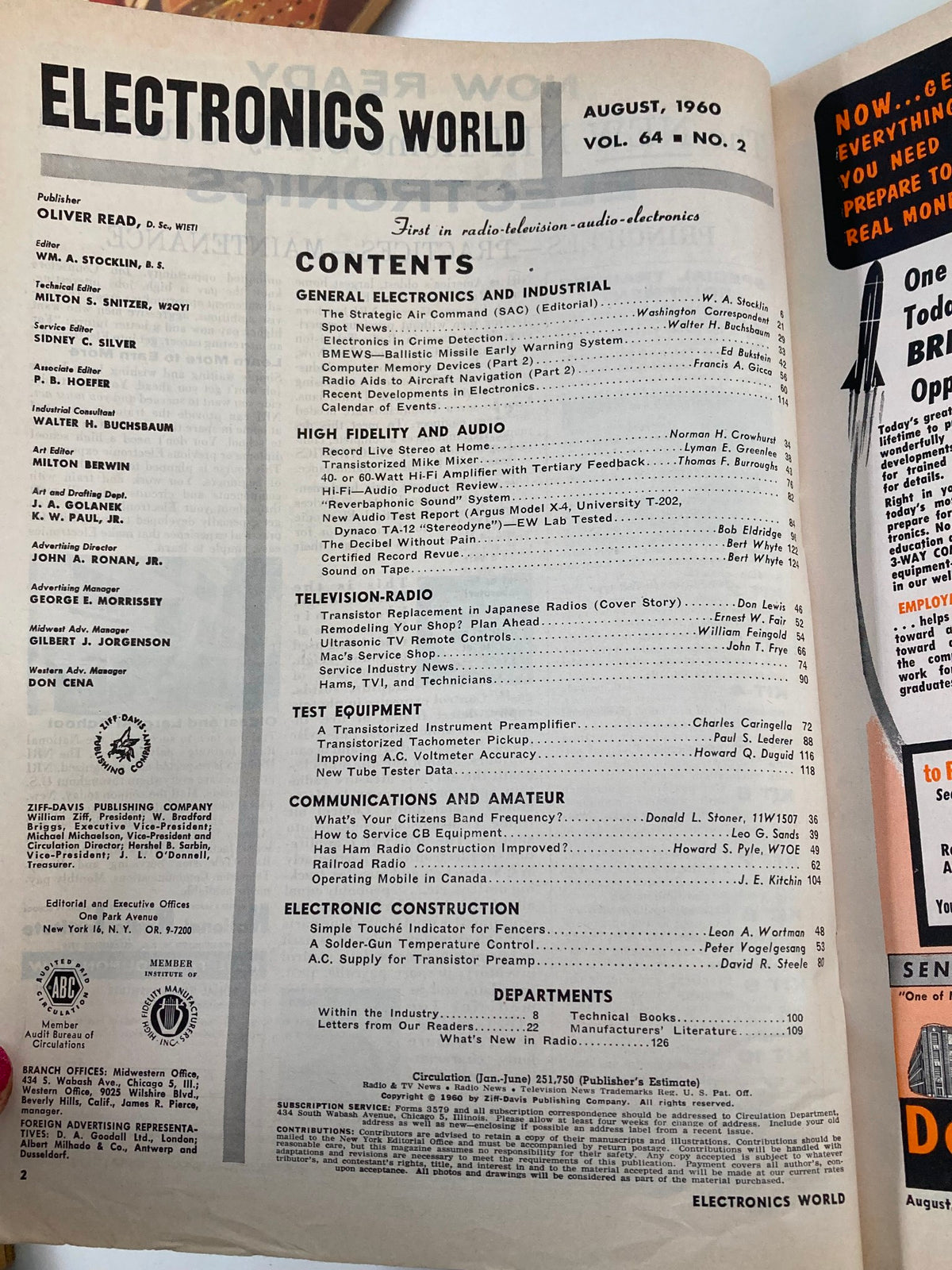 Inside page of Vintage Electronics World Magazine August 1960, displaying the table of contents including articles on electronics, radio, and audio design.