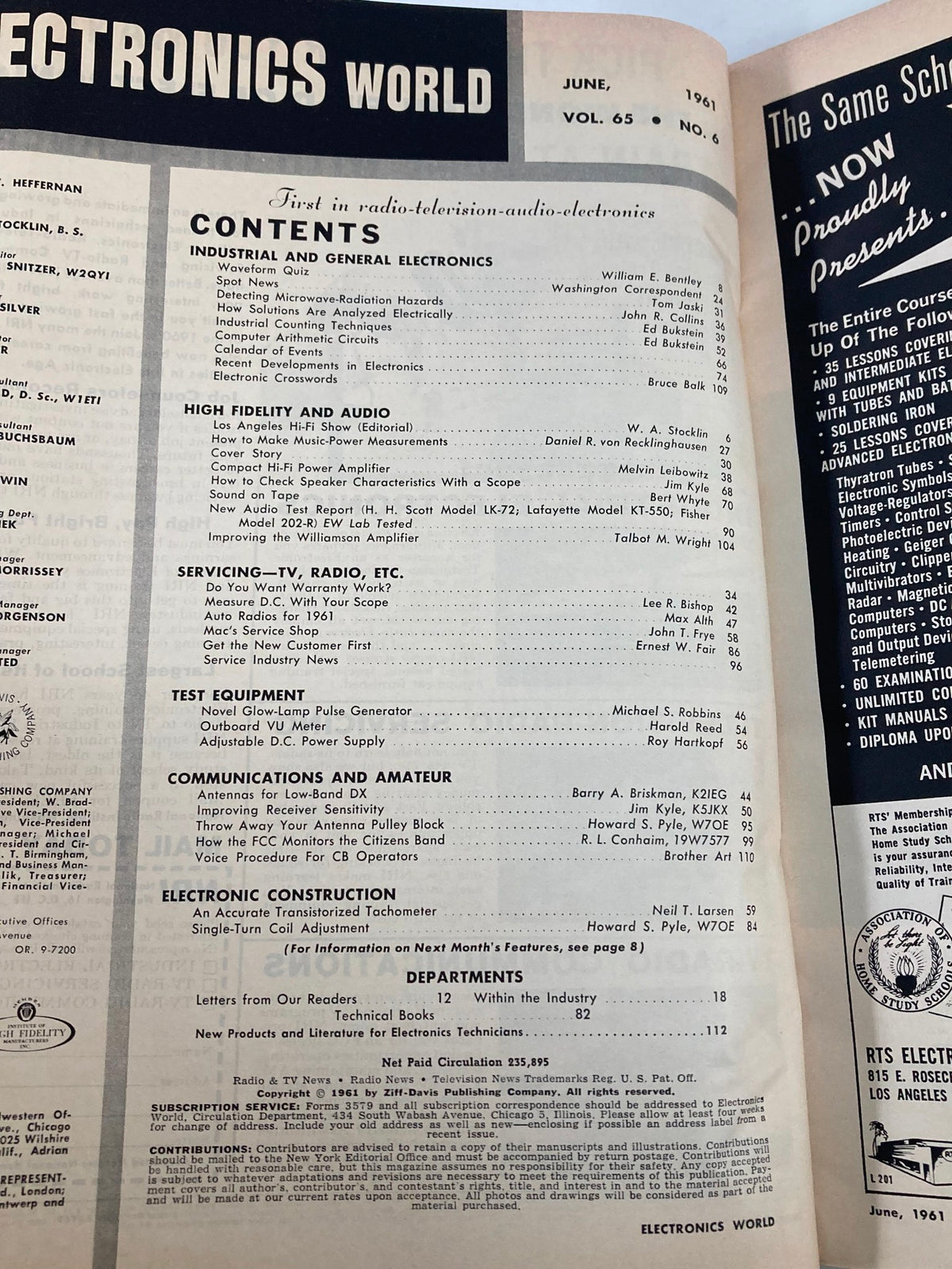 Contents page of VTG Electronics World Magazine June 1961, detailing articles including 'How to Make Music-Power Measurements' and other topics in electronics.