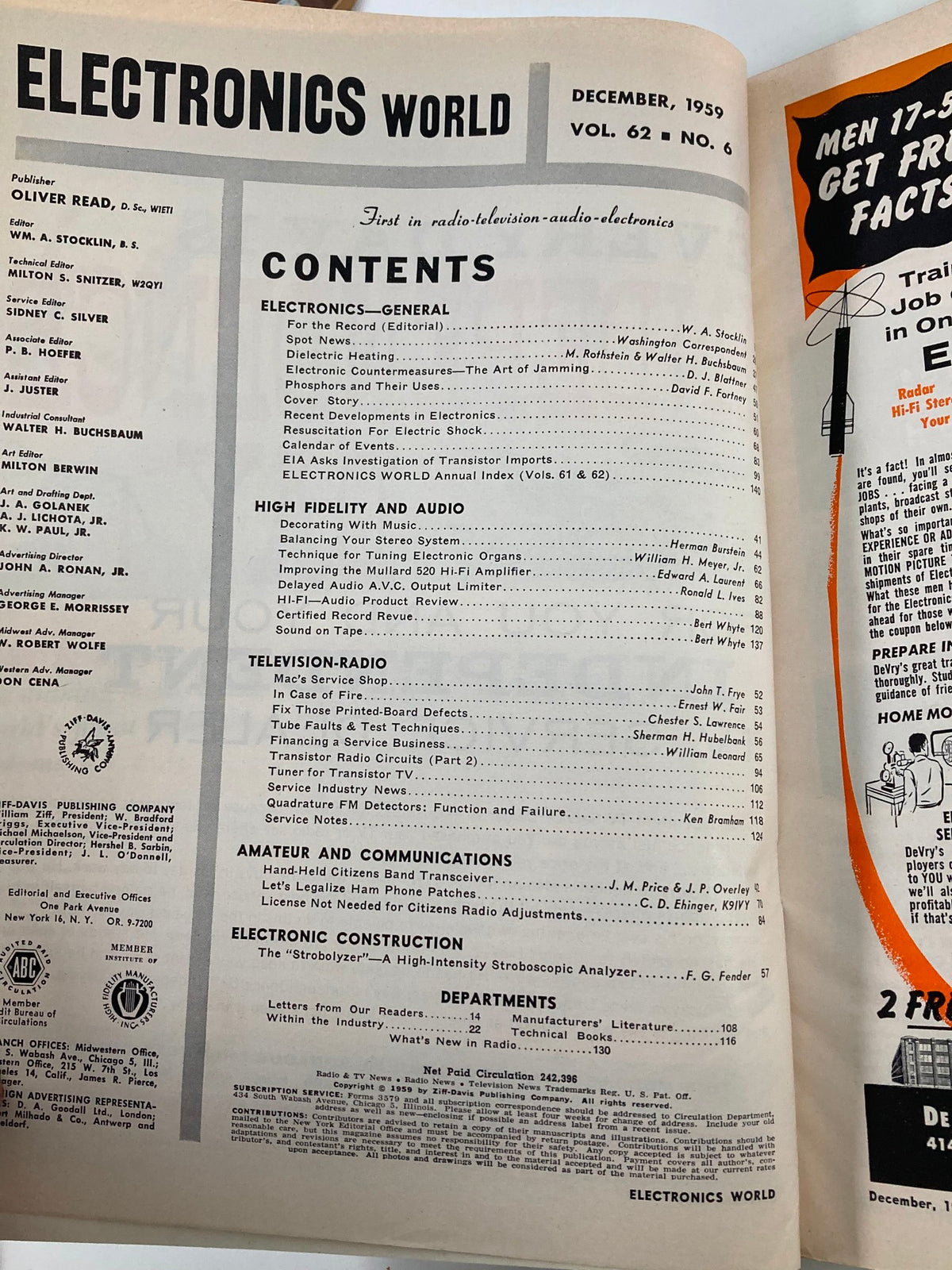 Contents page from Electronics World Magazine, December 1959, outlining topics including Hi Fidelity and Audio, How To Balance Stereo Systems, and various electronic construction articles.