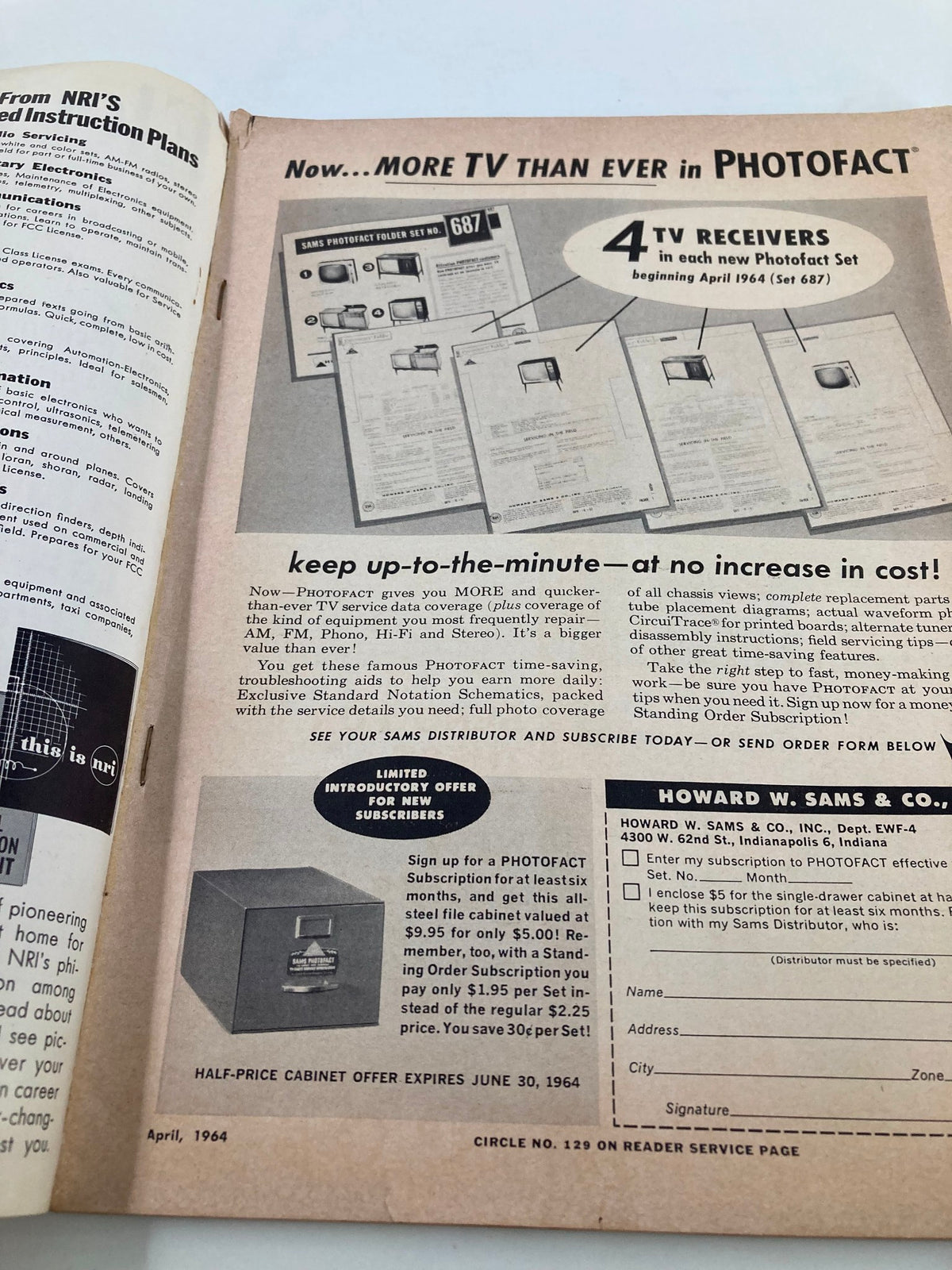 Inside page of VTG Electronics World Magazine April 1964 showing an advertisement for Photofact service with details on TV receivers and a subscription offer for new readers.
