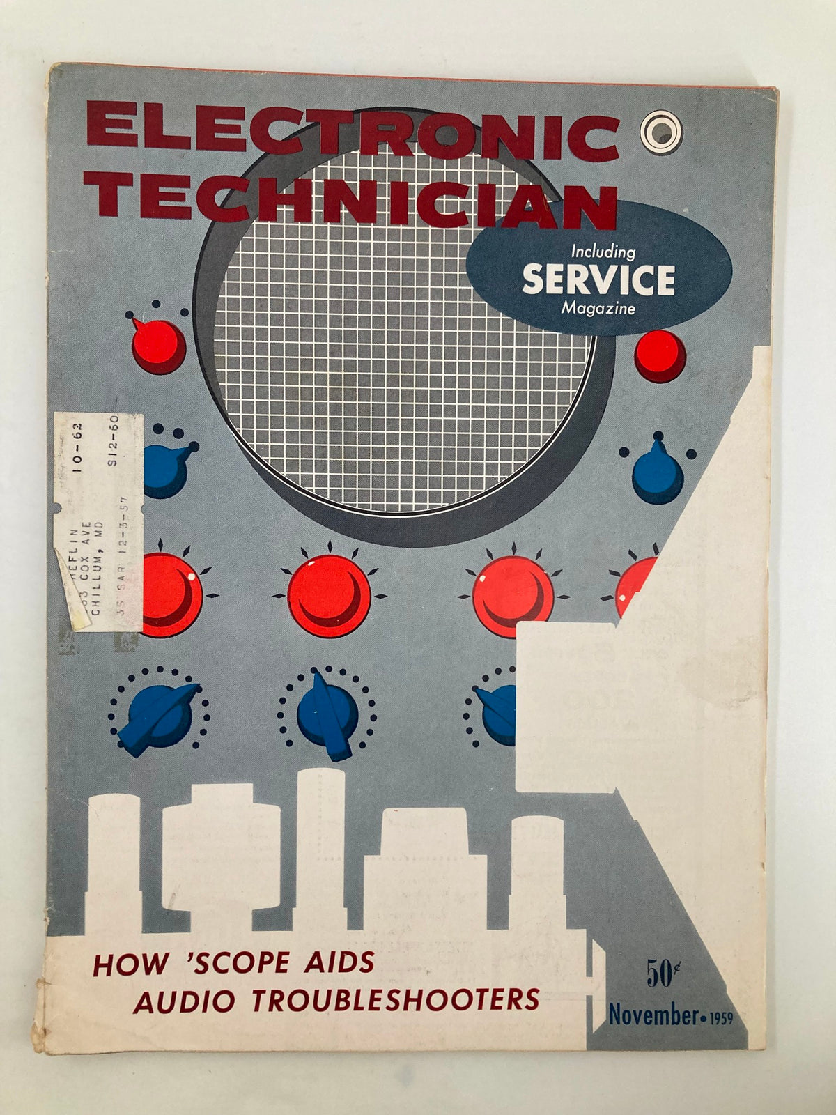 Cover of VTG Electronic Technician Magazine November 1959, featuring illustrations and text about scope aid for audio troubleshooters.