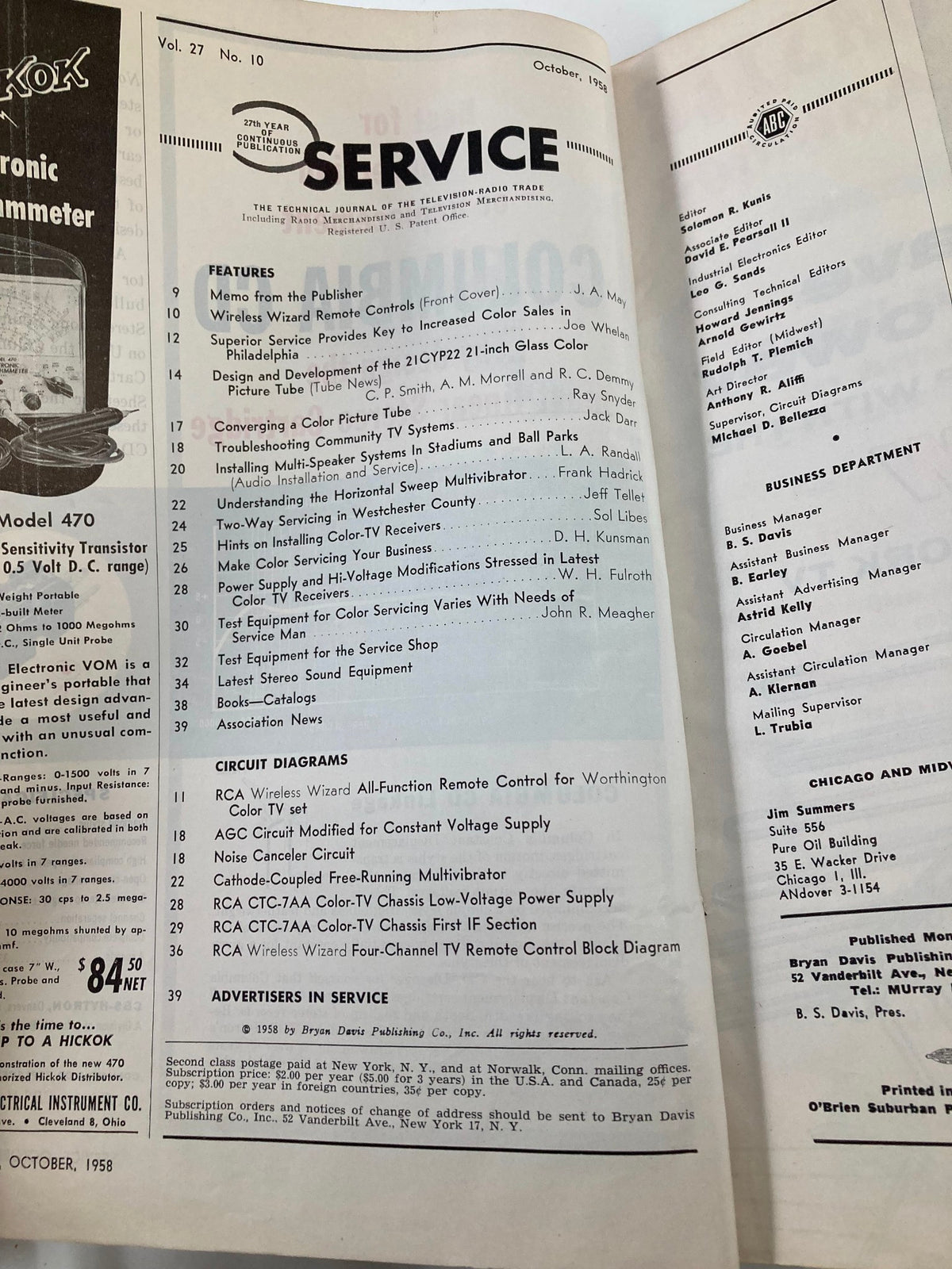 VTG Service Magazine October 1958 showcasing articles on wireless technology, including the features and circuit diagrams relevant to the era's advancements in communication.
