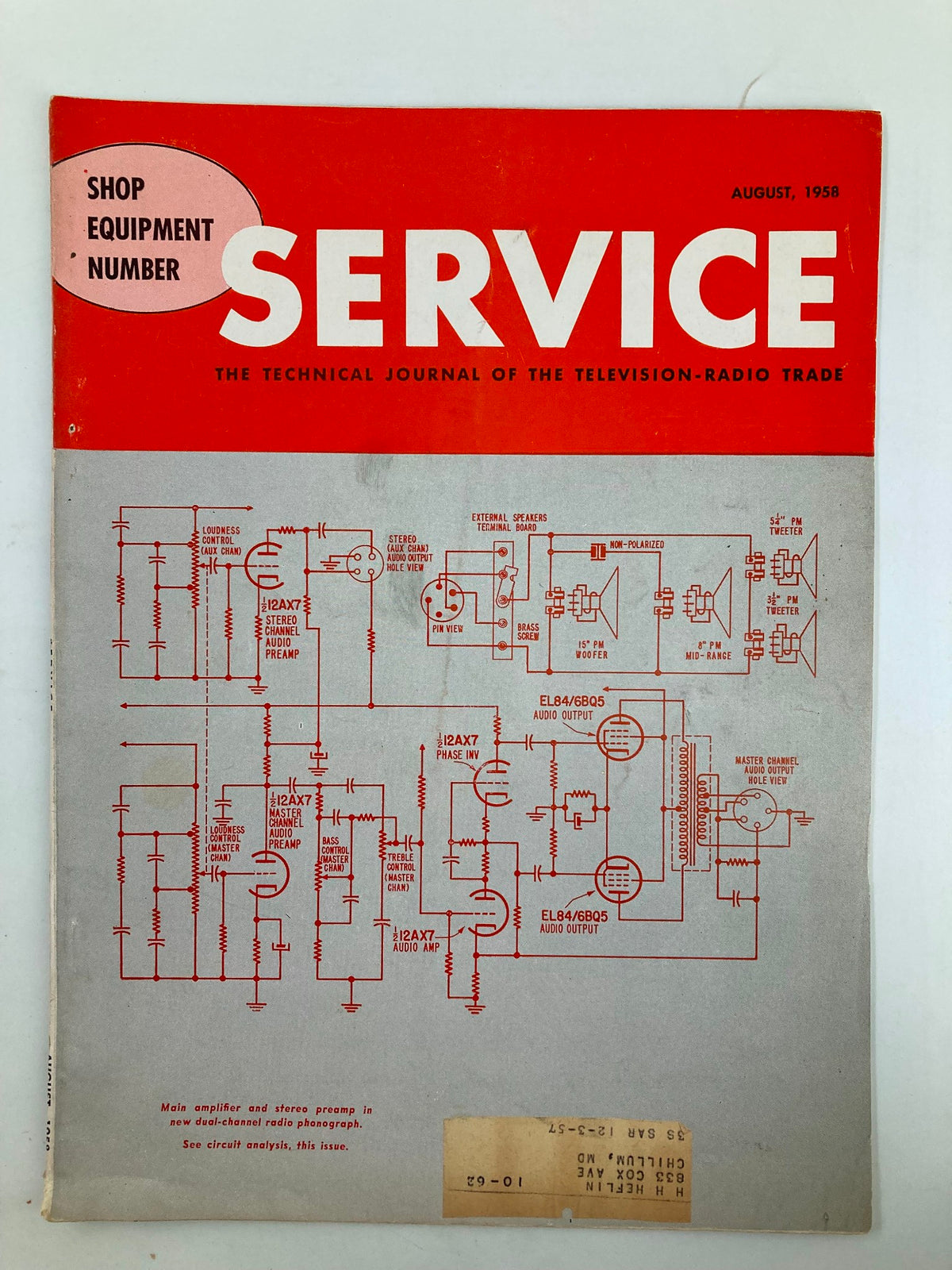Cover of VTG Service Magazine August 1958 featuring technical illustrations related to stereo audio equipment and diamond needles for pickups.