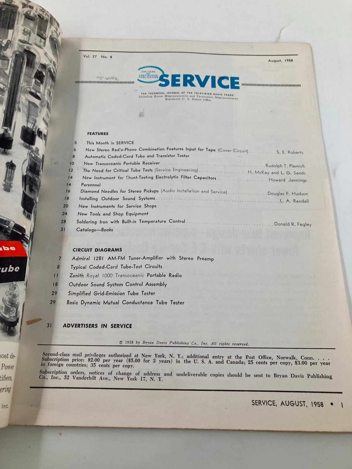 Interior page of VTG Service Magazine August 1958 displaying the table of contents and features including topics on stereo pickups and audio testing.
