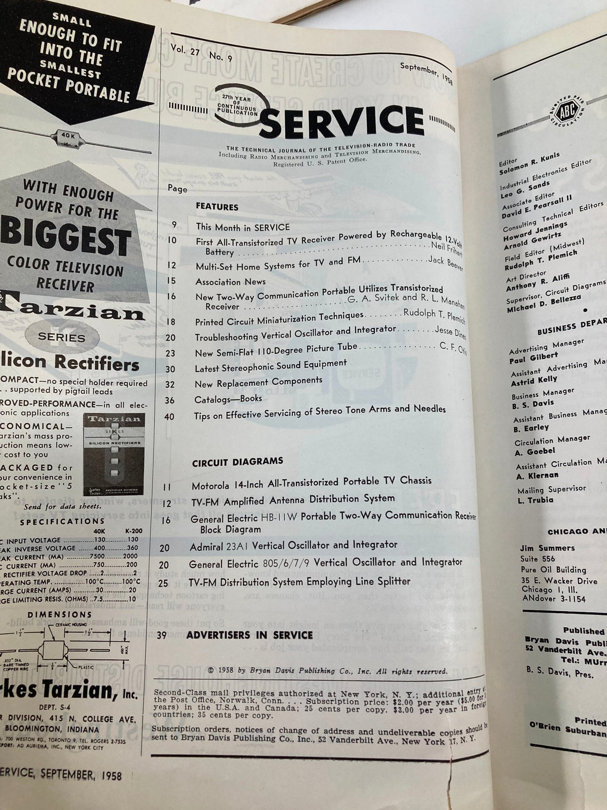 Page from VTG Service Magazine September 1958 displaying the table of contents, highlighting features and topics related to television and radio service.