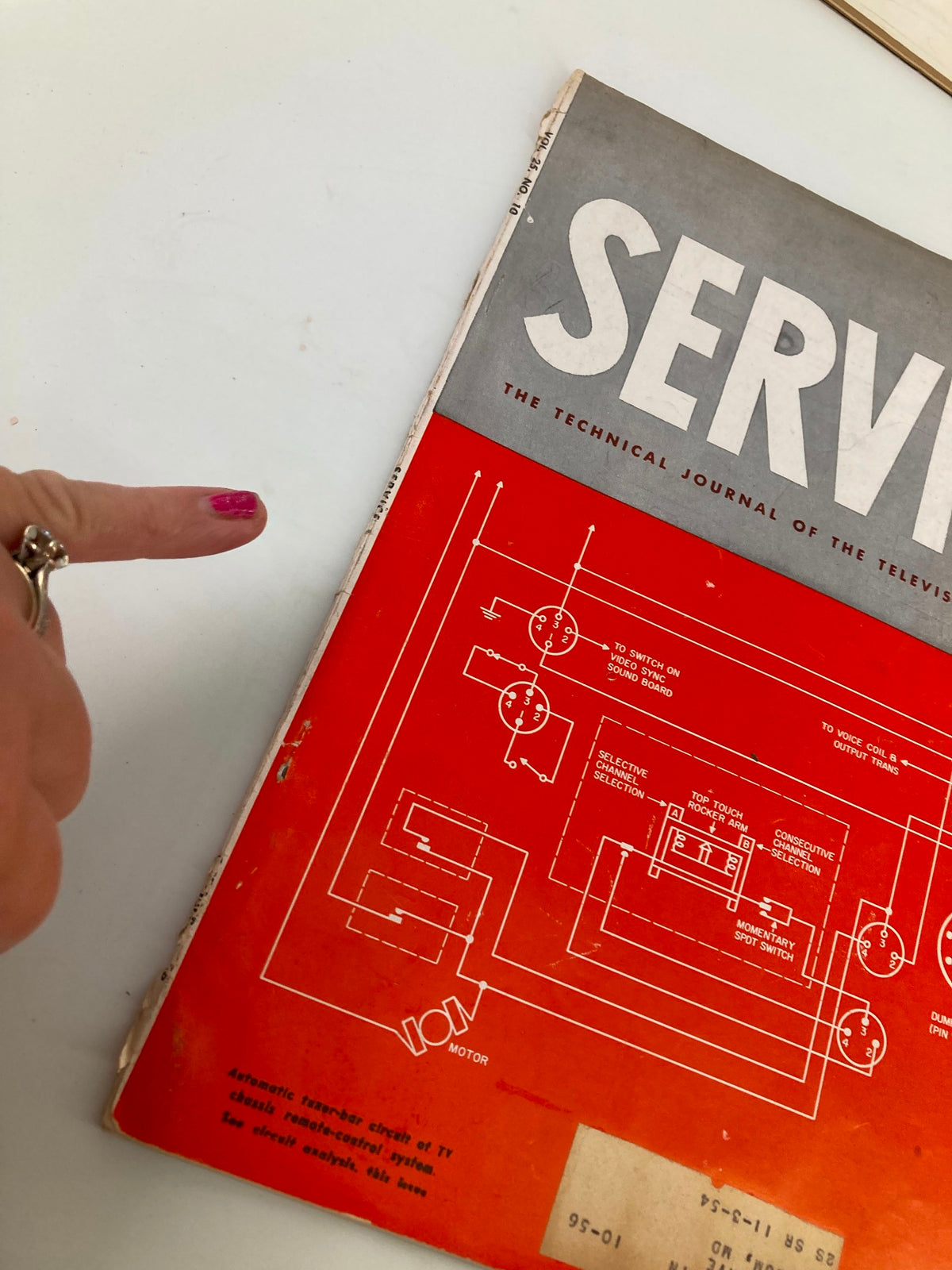 Close-up view of the VTG Service Magazine October 1956 cover, highlighting the title and technical diagrams.