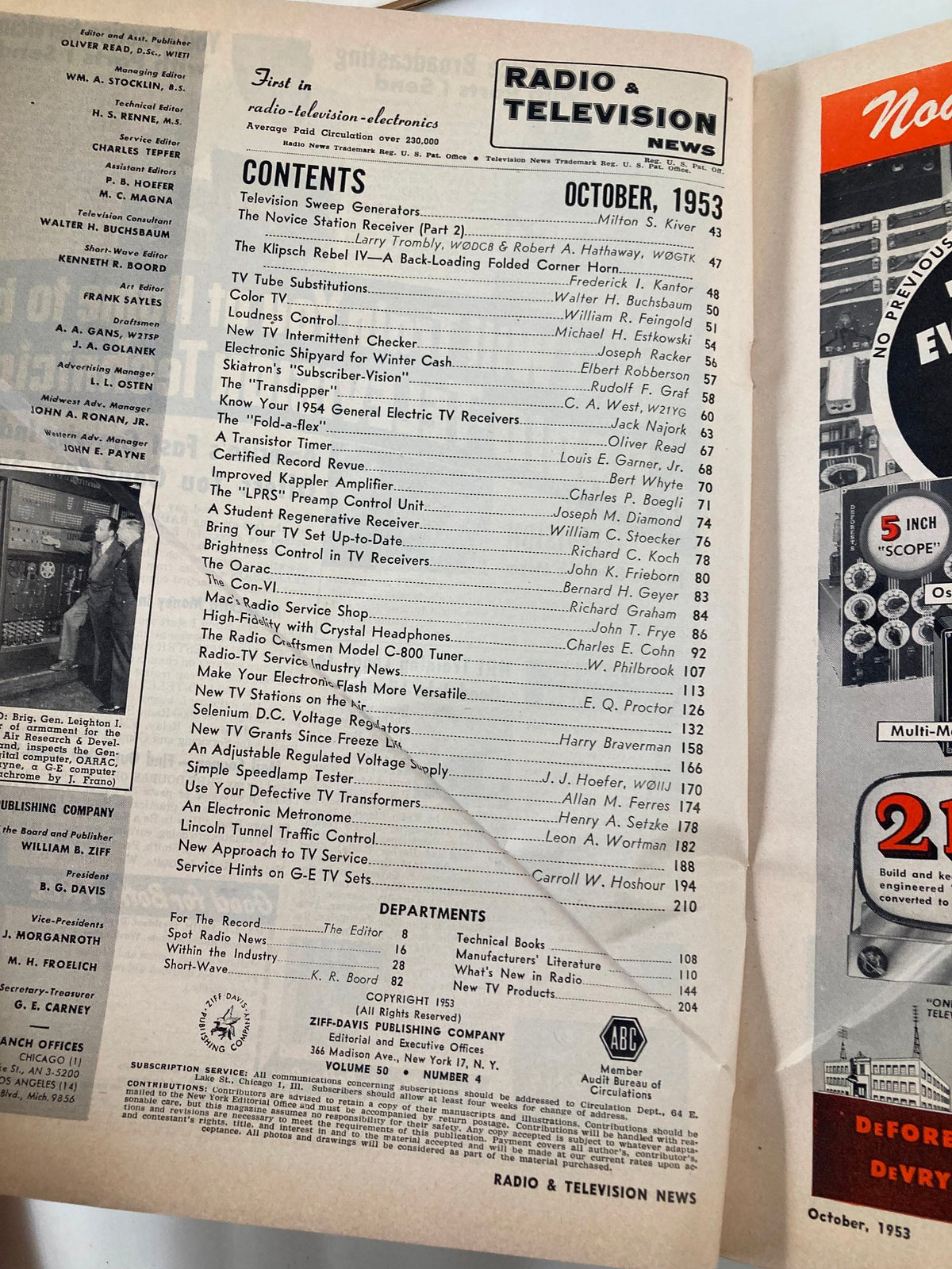 Contents page of the VTG Radio & Television News Magazine from October 1953, featuring articles and topics related to radio and television technology.