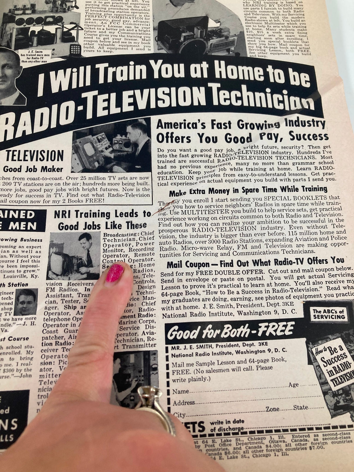 Advertisement page from VTG Radio & Television News Magazine October 1953 promoting training for radio-television technicians, highlighting job opportunities in the electronics industry.