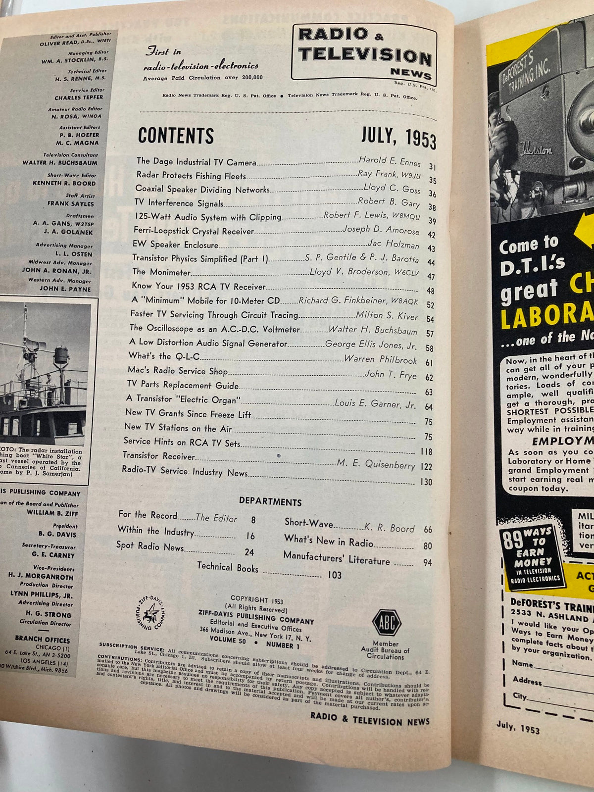 Contents page of VTG Radio & Television News Magazine July 1953, detailing articles including features on the Dage Industrial TV Camera and television advancements.