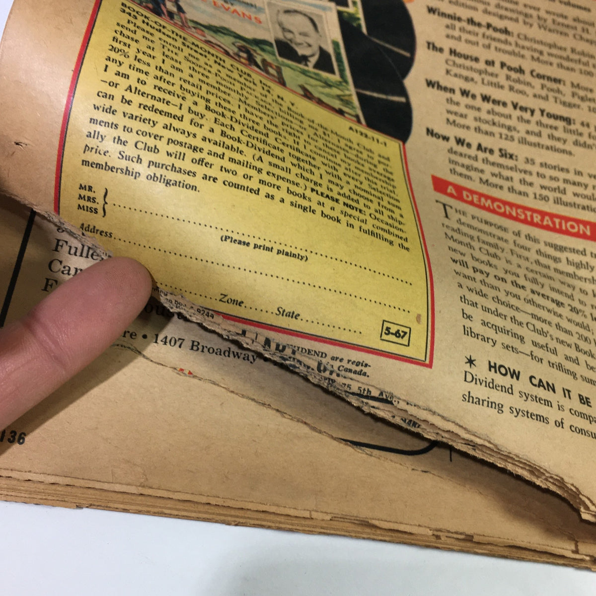 Close-up of the subscription form from VTG The New York Times Magazine November 21 1965 for the Book-of-the-Month Club featuring Winnie-the-Pooh.