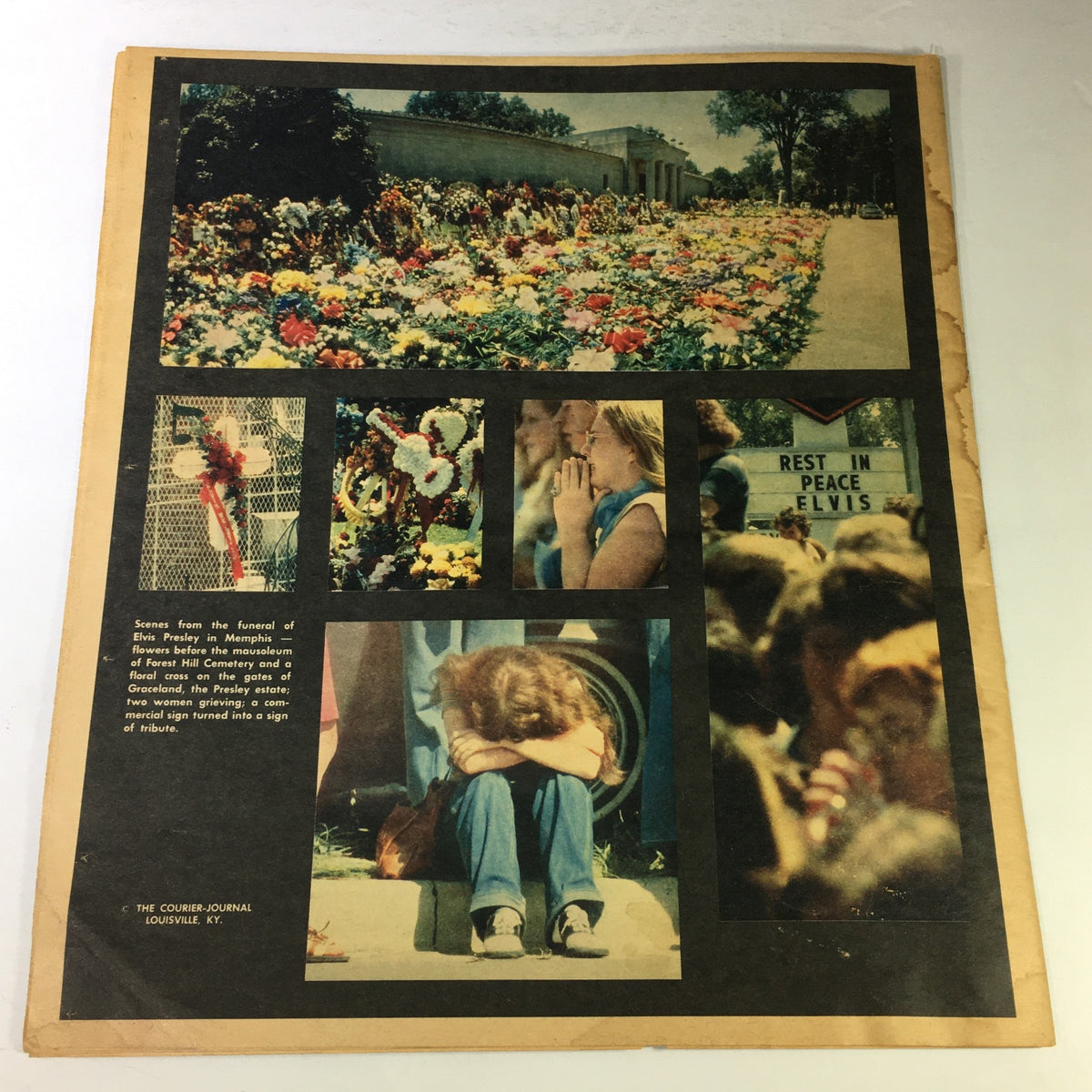 Cover image of VTG The Courier Journal Magazine August 22 1977 depicting scenes from Elvis Presley's funeral, capturing the emotional tributes and floral arrangements commemorating the King of Rock and Roll.