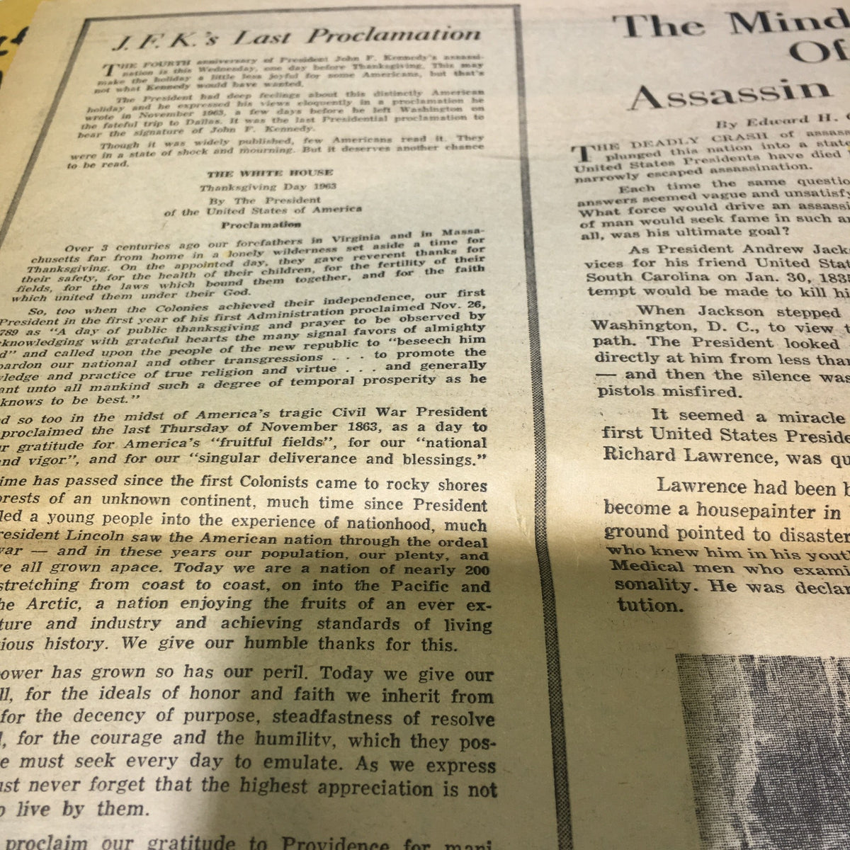 Detailed view of JFK's Last Proclamation article in the VTG Weekend Newspaper from November 18, 1967.