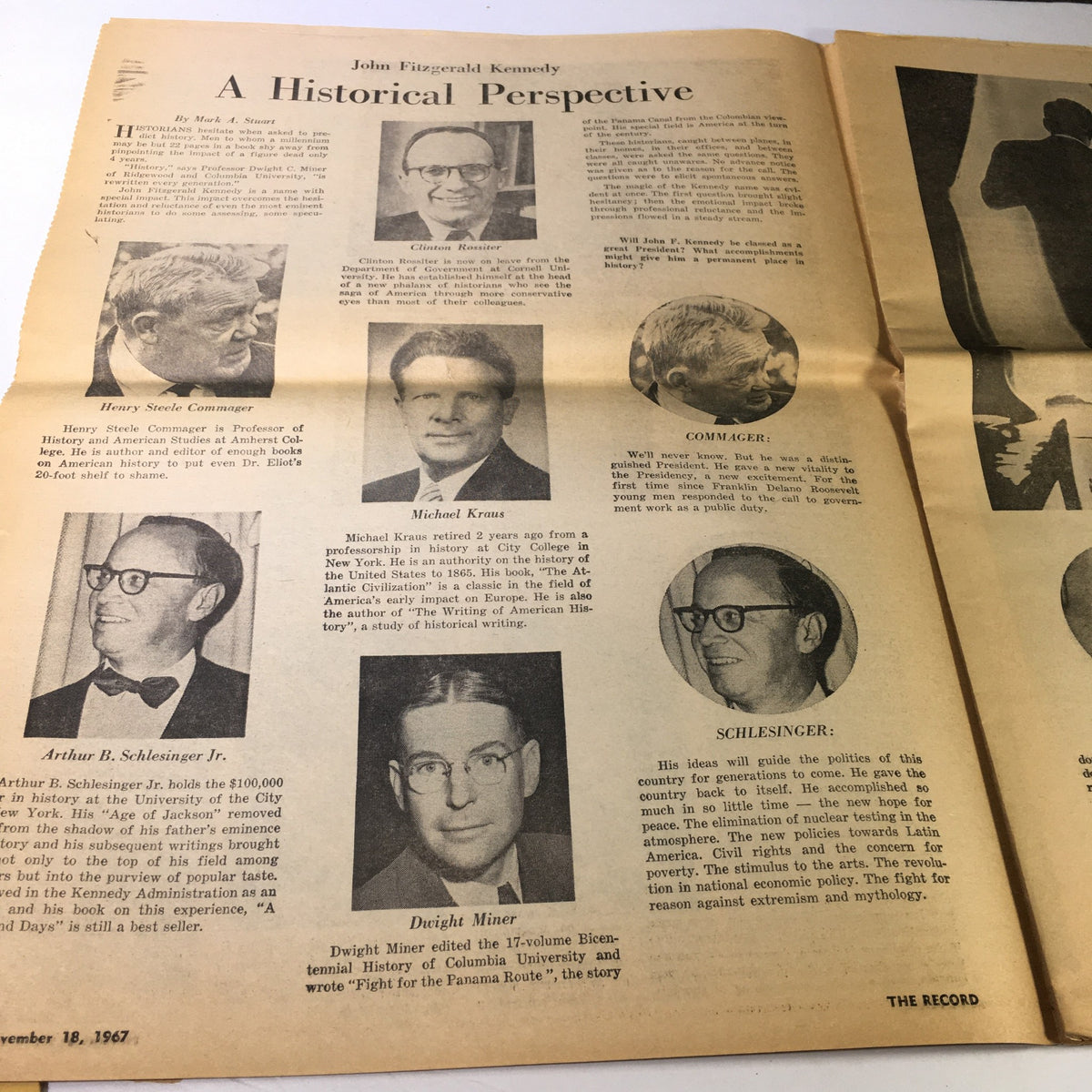 Historical perspectives section featuring notable figures in the VTG Weekend Newspaper from November 18, 1967.