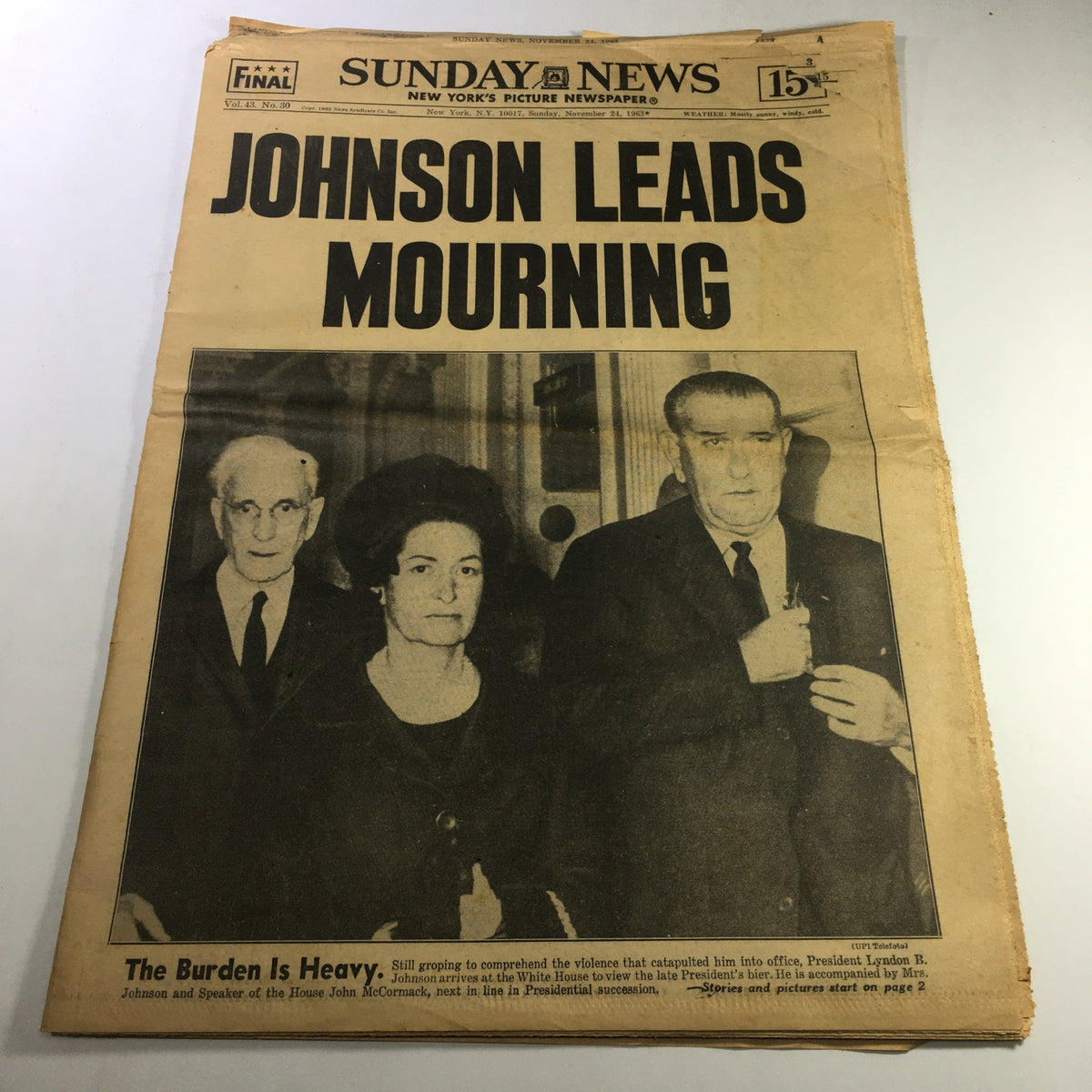 VTG Sunday News Newspaper November 24 1963 front page featuring Lyndon Johnson leads mourning after JFK's assassination.