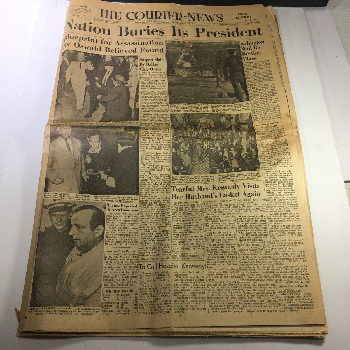 Front page of VTG The Courier News Newspaper from November 25, 1963, featuring headlines about the assassination of President Kennedy and the roles of Lee Harvey Oswald and Jack Ruby.