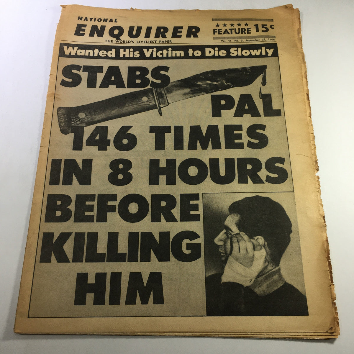 Vintage National Enquirer Newspaper from September 25, 1966 featuring an impactful headline "STABS PAL 146 TIMES IN 8 HOURS BEFORE KILLING HIM", showcasing sensational stories from that era.