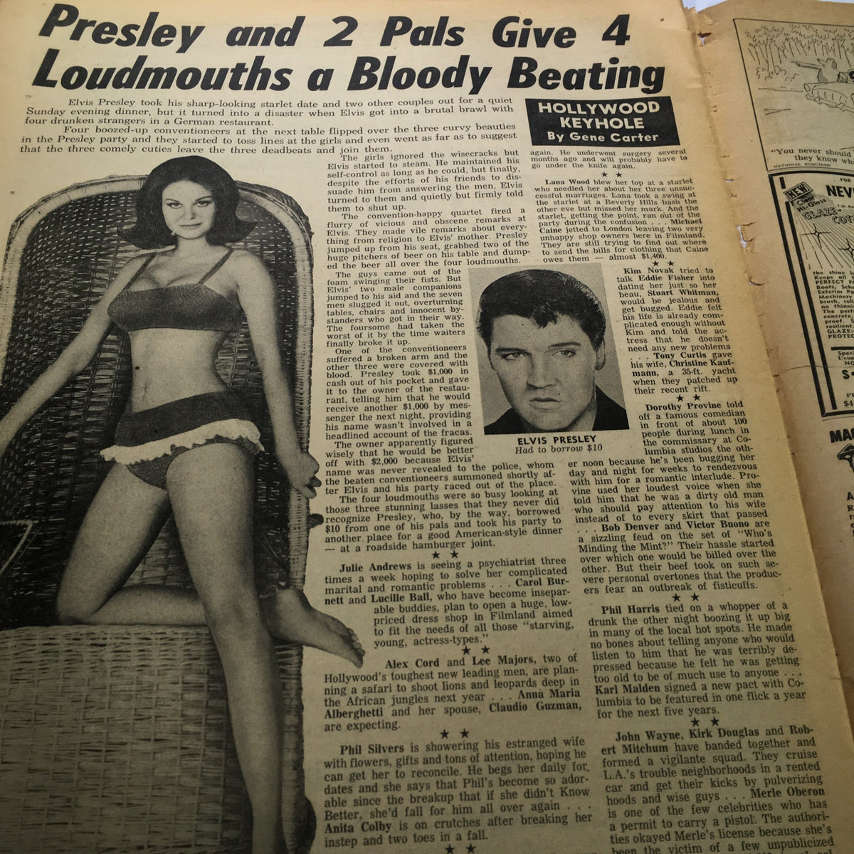 Vintage National Enquirer newspaper from September 25, 1966 featuring a headline about Elvis Presley engaging in a fight, alongside a photo of a model in a swimsuit. This issue captures iconic moments of pop culture involving Elvis Presley and contemporary celebrities.