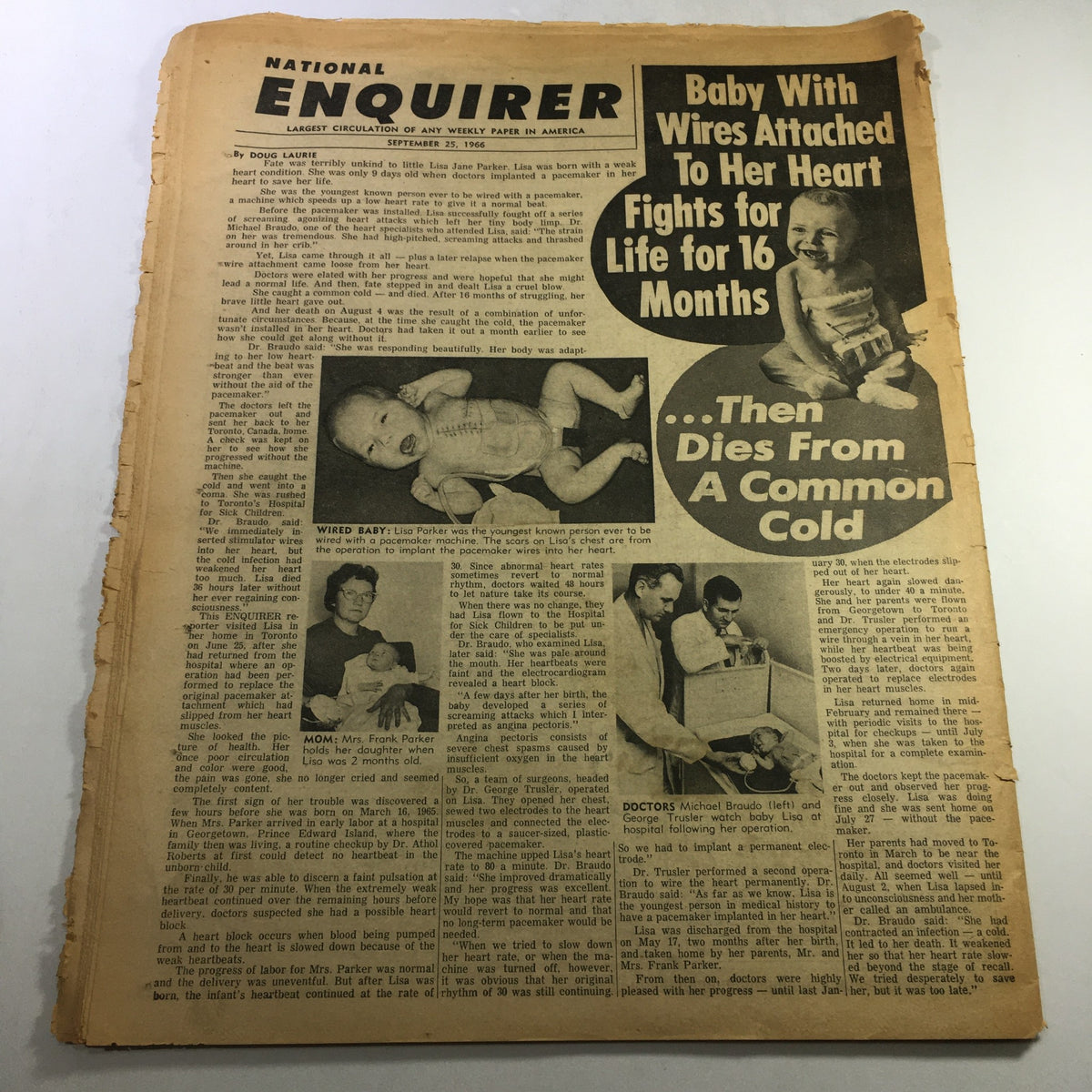 National Enquirer newspaper from September 25, 1966 highlighting a touching story about a baby with wires attached to her heart, illustrating the medical challenges faced. This issue also connects to the cultural narrative of the time, alongside stories involving Elvis Presley and Julie Andrews.