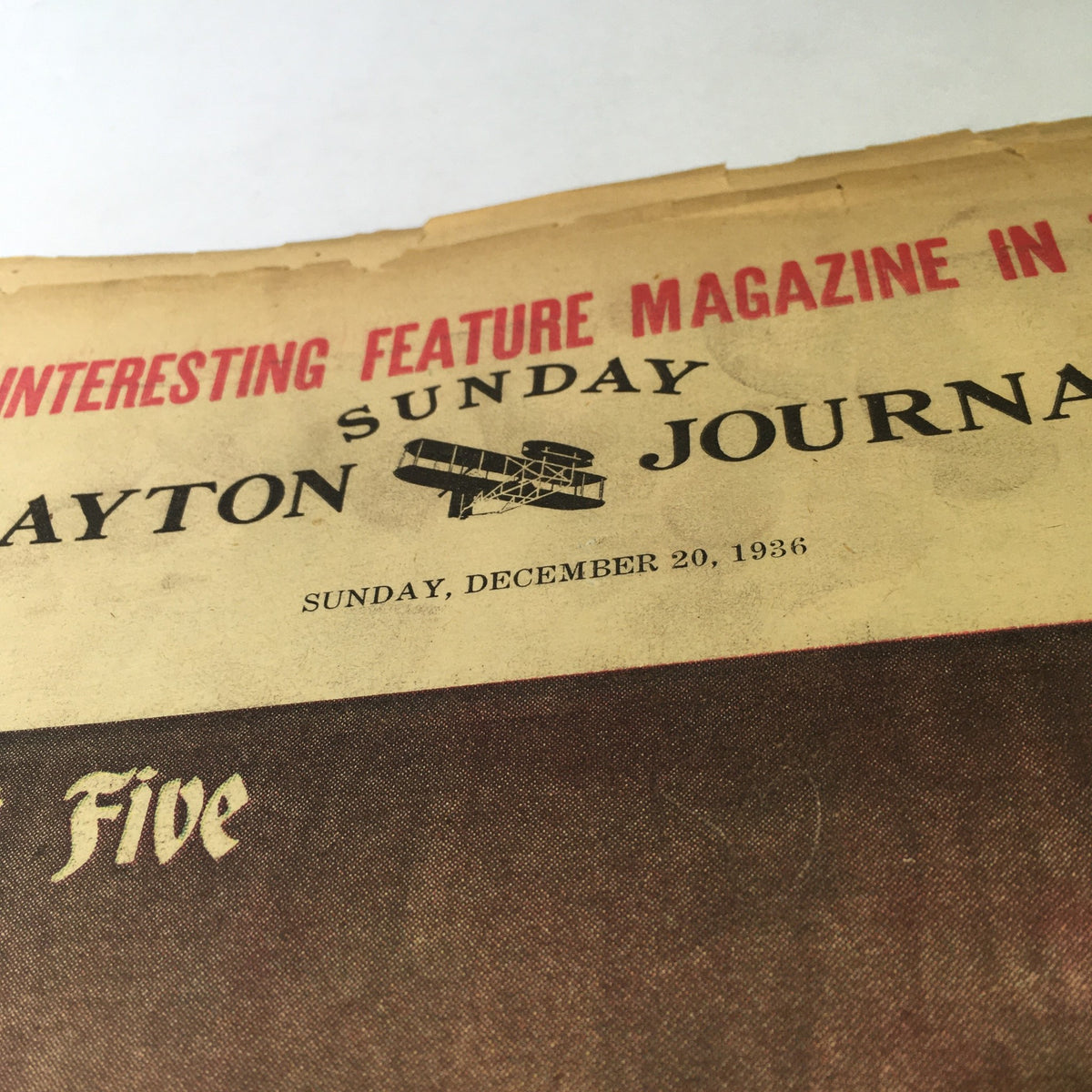 Close-up of the title and date from the VTG Dayton Sunday Journal Newspaper, showcasing the publication date December 20, 1936 and the magazine's branding.