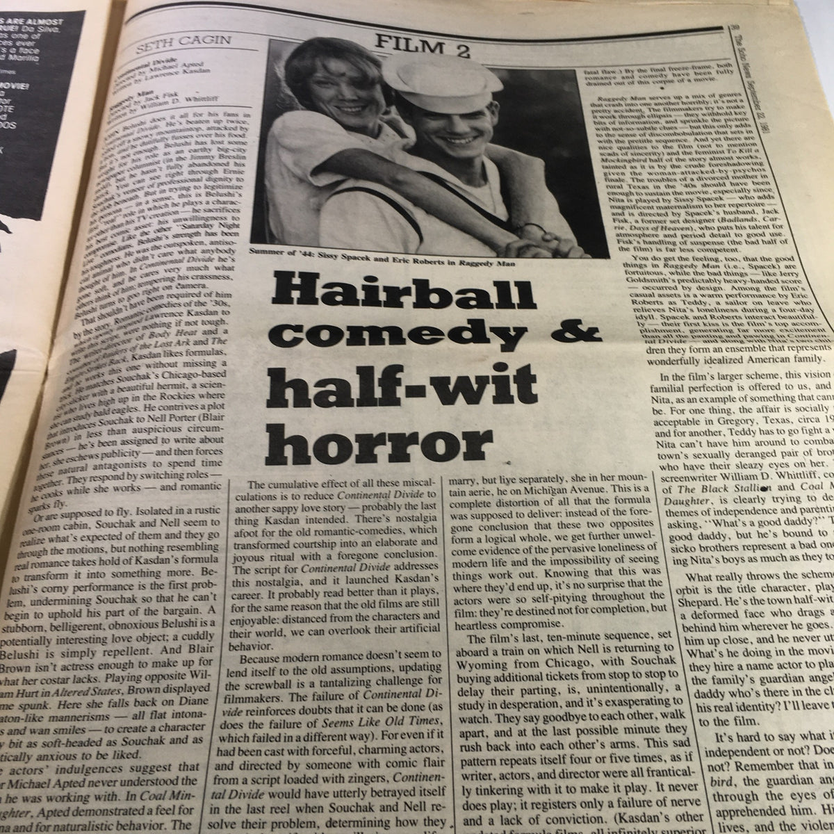 Film review section from the VTG Soho News Newspaper dated September 16-22, 1981, highlighting the article 'Hairball comedy & half-wit horror', critiquing the film 'Continental Divide'.