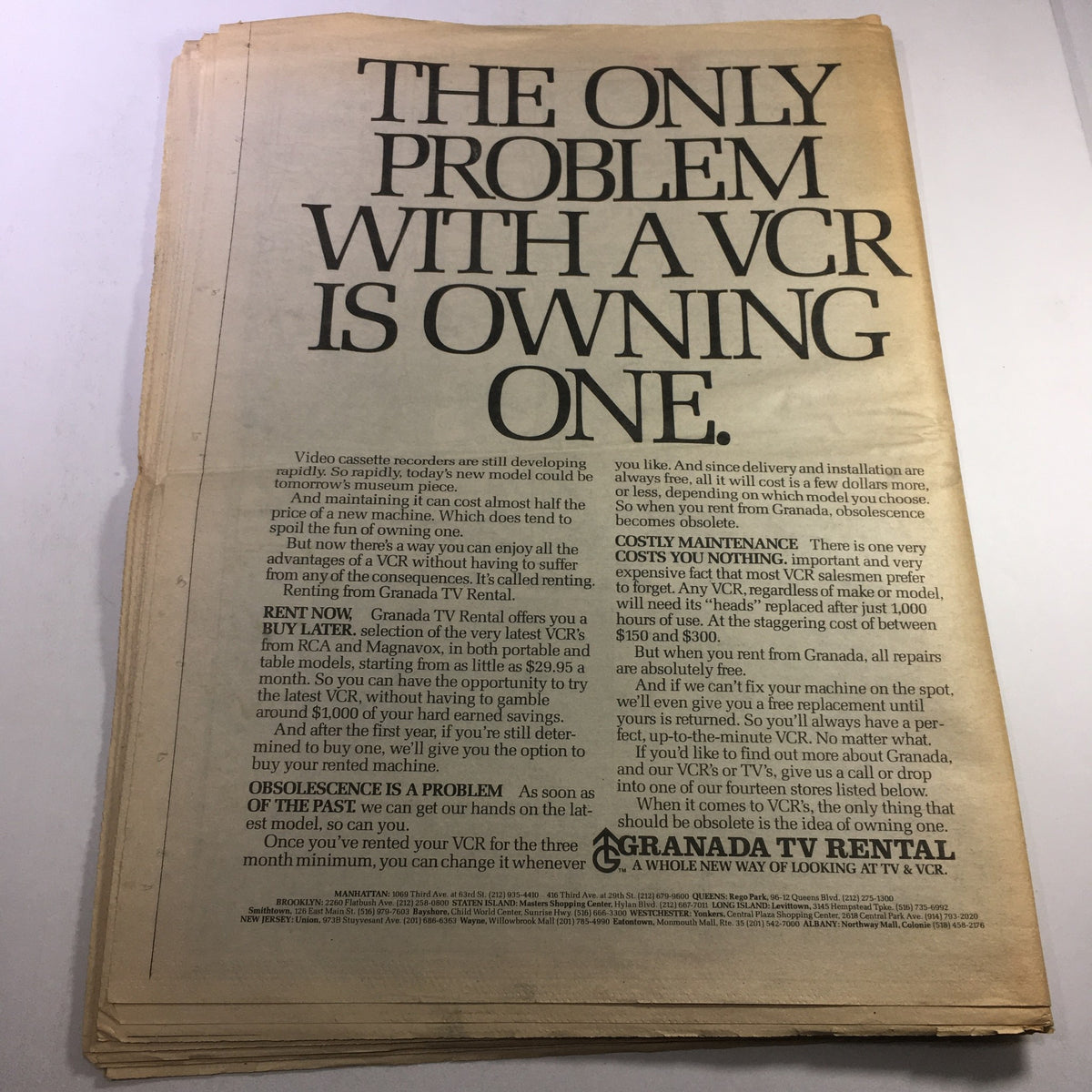 Advertisement in the VTG Soho News Newspaper dated September 16-22, 1981, promoting the benefits of renting video cassette recorders (VCRs) instead of purchasing them, emphasizing cost-effective options.