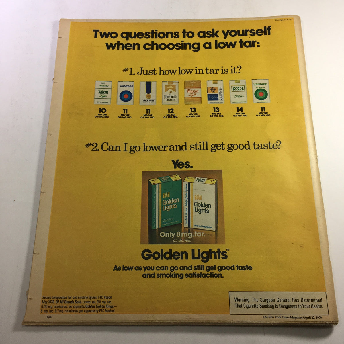 Back cover of VTG The New York Times Magazine April 22, 1979, showcasing an advertisement for Golden Lights cigarettes with a warning about cigarette smoking.