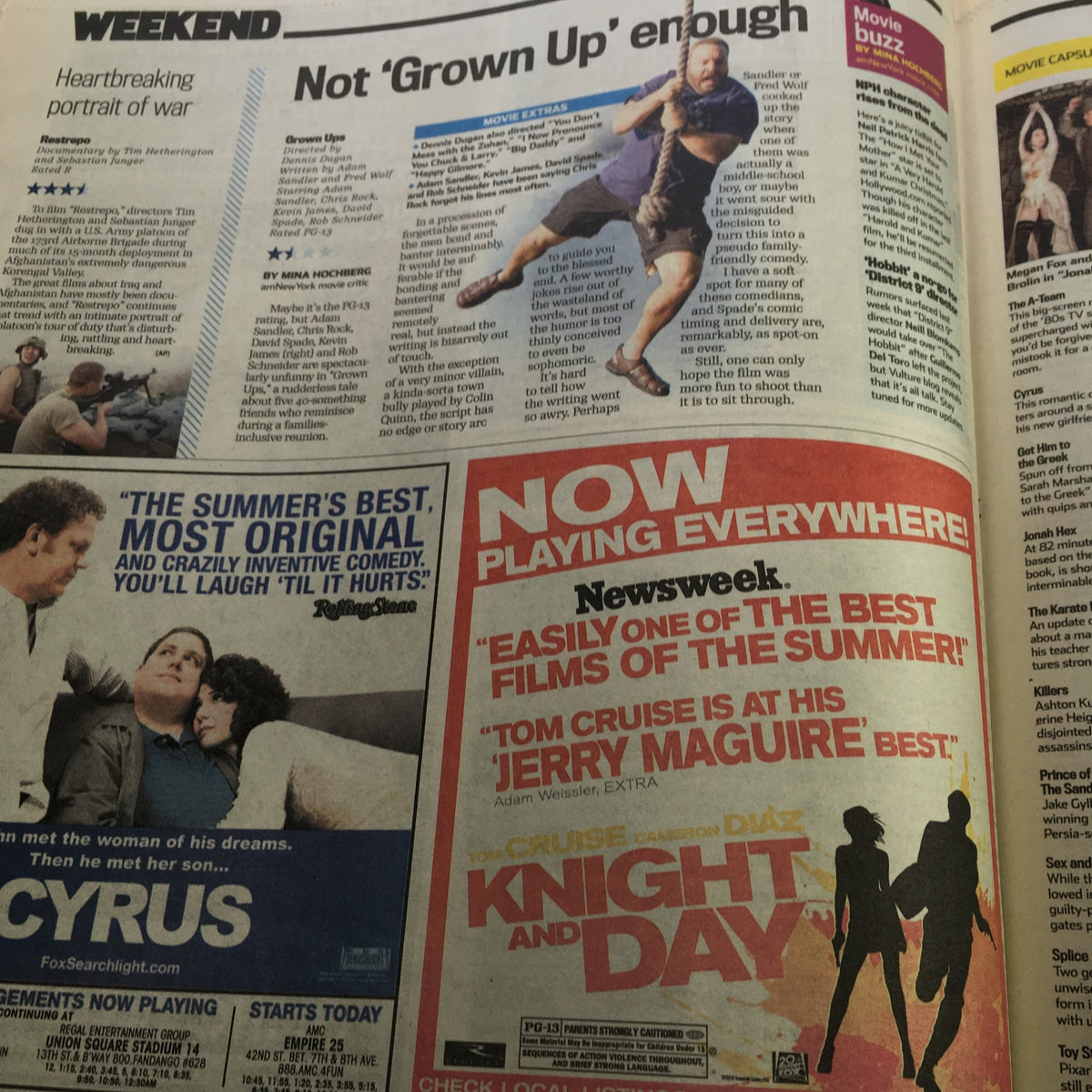 Inside AM New York Metro June 25-27 2010, presenting a movie review section with notable films including 'Cyrus' and 'Knight and Day'.
