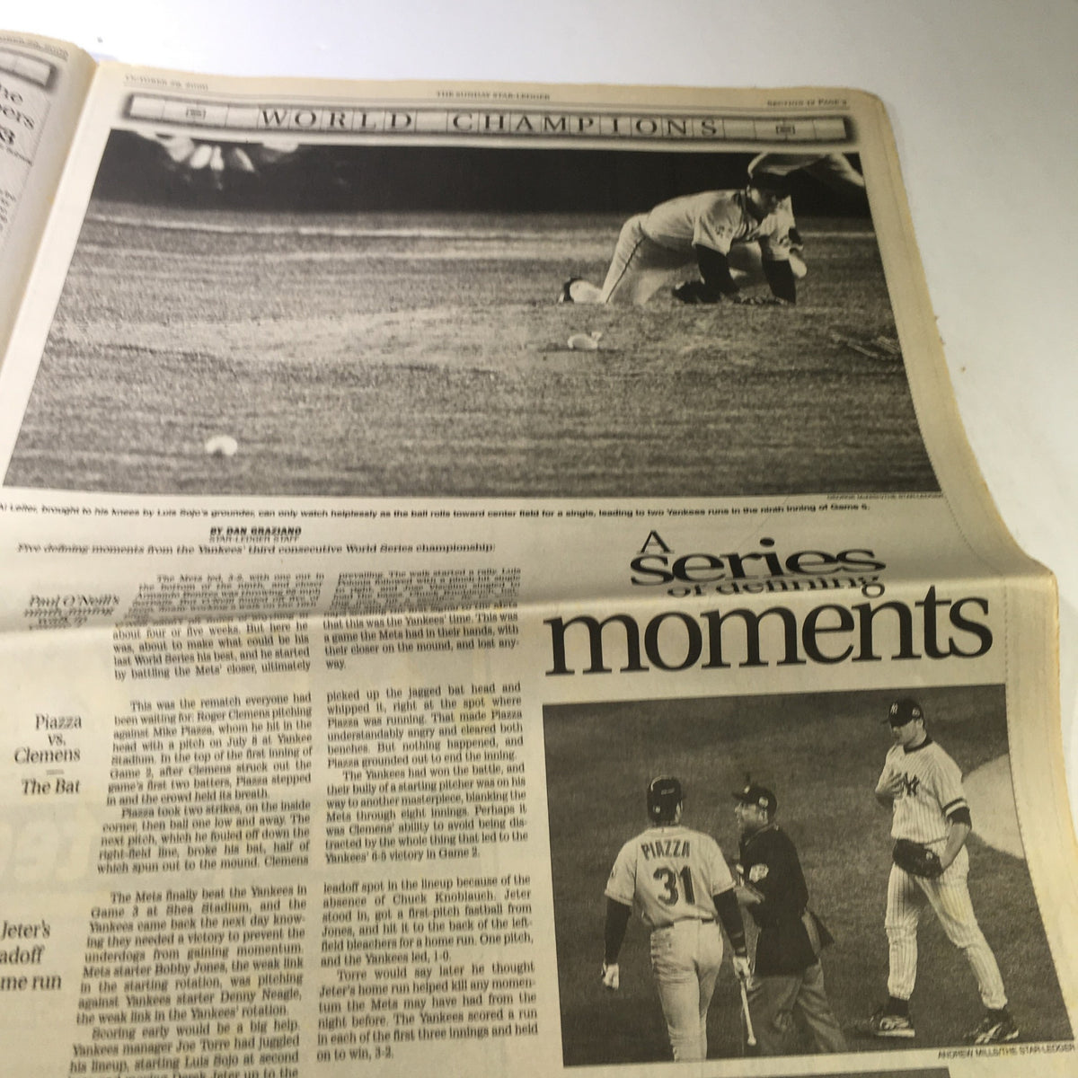 The Star-Ledger Newspaper from October 29, 2000 featuring Mike Piazza and Roger Clemens, covering a significant moment in World Series history. The article highlights key moments with images of players on the field.