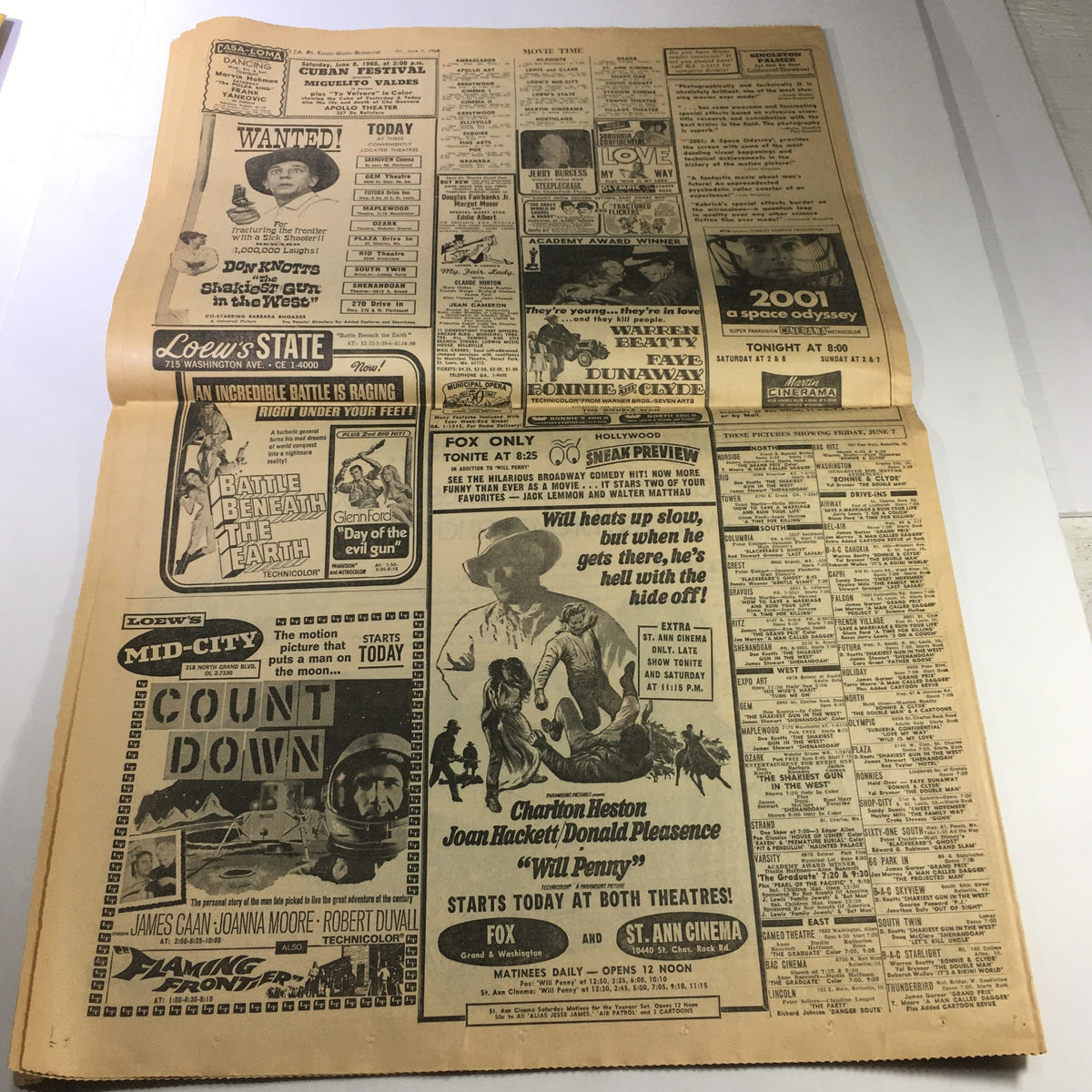 Entertainment section of the VTG St. Louis Globe-Democrat newspaper from June 7, 1968, displaying advertisements for movies, including titles and showtimes, providing a glimpse into the popular culture of the era.