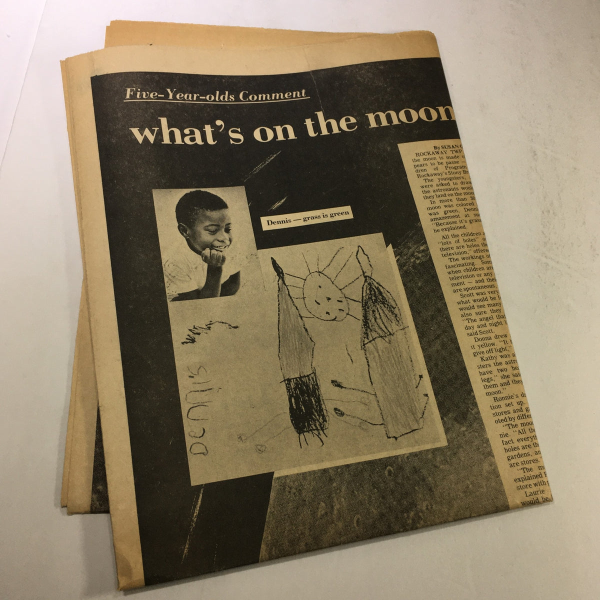 Vintage image from Morris County's Daily Record dated July 21, 1969, featuring a childhood drawing of rockets with the title 'what's on the moon'. This page highlights the public's excitement regarding the Apollo 11 mission.