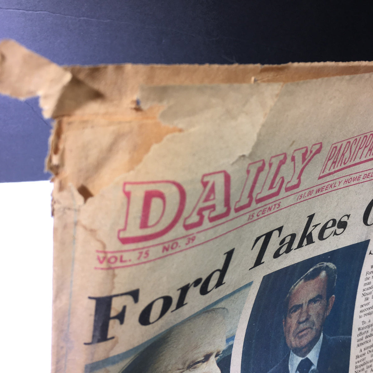 Close-up of VTG The Daily Record Newspaper August 9 1974 with visible wear, highlighting the title 'Ford Takes Oath' alongside details about the political landscape of the time.