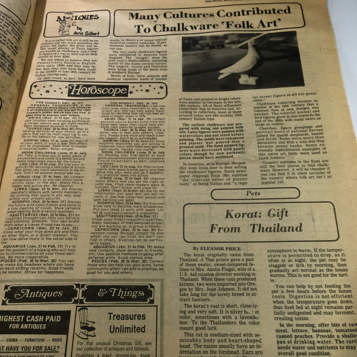 An article page from The Sunday Daily Record, December 28, 1975, featuring horoscopes and pets, reflecting the cultural themes of the era relating to the Karen Anne Quinlan court case.