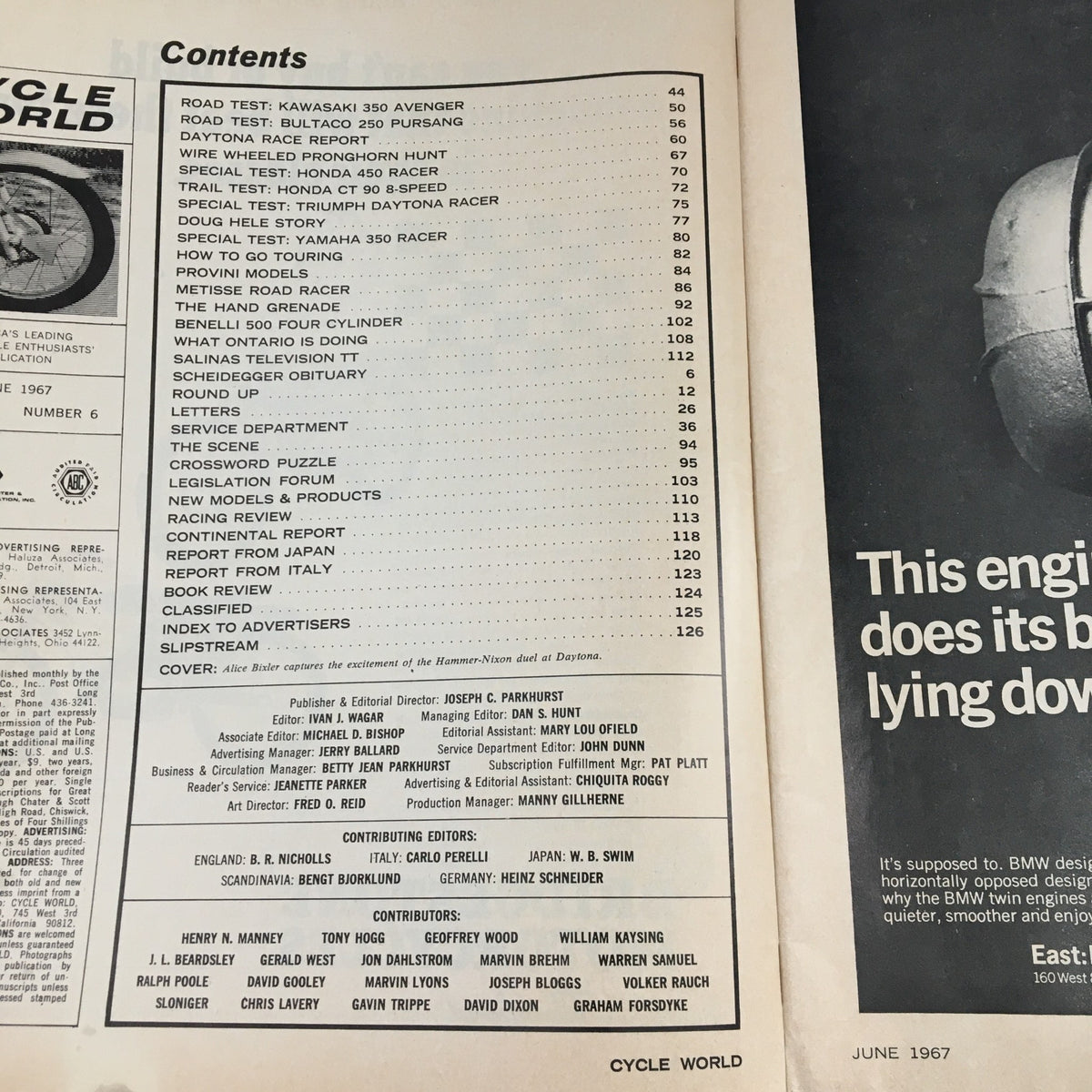 Contents page of Cycle World Magazine June 1967, listing articles including road tests for Kawasaki 350 Avenger and Bultaco 250 Pursang, showcasing the magazine's comprehensive motorcycle coverage.