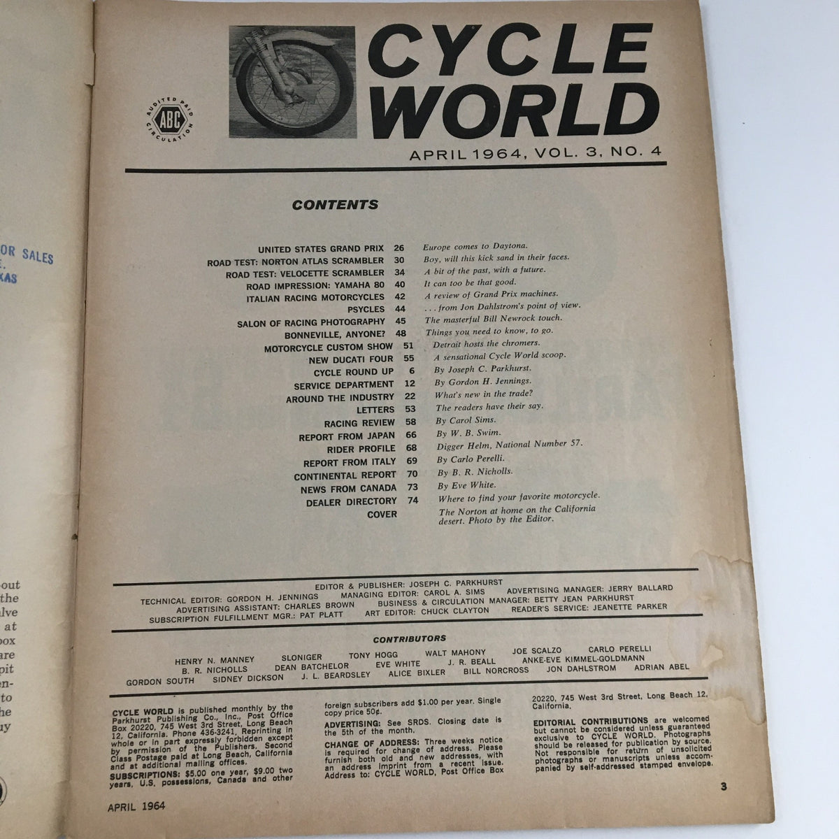 Cycle World Magazine April 1964 contents page, detailing articles such as the Norton Atlas Scrambler tests and motorcycle industry features.