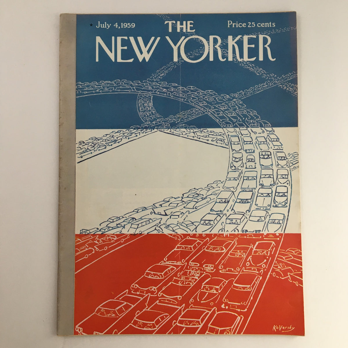 Cover of The New Yorker Magazine from July 4, 1959, featuring a vibrant design by Anatol Kovarsky with illustrations of cars in heavy traffic against a red and blue background.