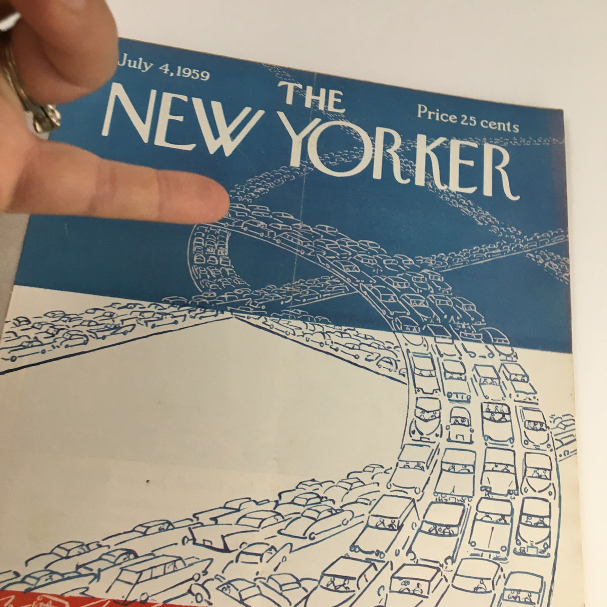 Close-up view of The New Yorker Magazine July 4, 1959 cover art by Anatol Kovarsky, showcasing intricate illustrations of cars and a busy roadway.