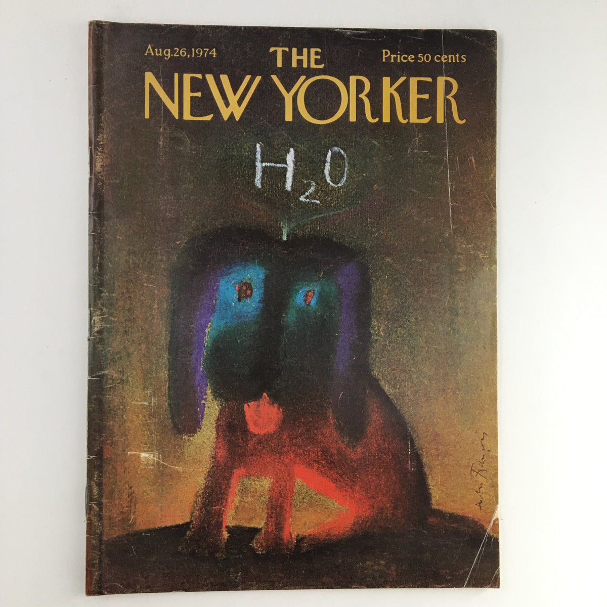 The New Yorker Magazine August 26, 1974 cover featuring an artistic depiction by Andre Francois, showcasing a colorful dog illustration and the tagline 'H2O' in a vibrant style.