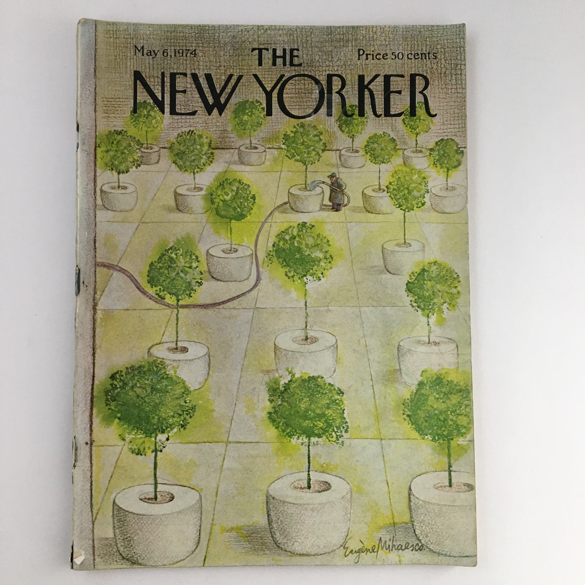 Cover of The New Yorker Magazine from May 6, 1974, featuring a gardening theme illustrated by Eugene Mihaesco, showcasing potted trees in a grid layout.