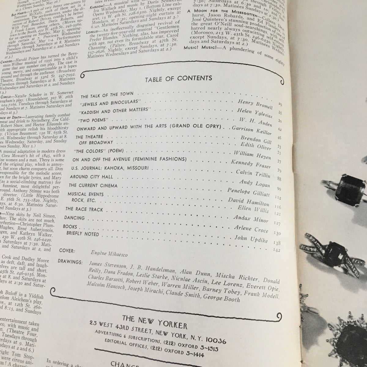 Interior page of The New Yorker Magazine, May 6 1974, featuring the table of contents with articles and contributions, along with cover artist Eugene Mihaesco mentioned, showcasing a snapshot of historical journalism and literary trends of the era.