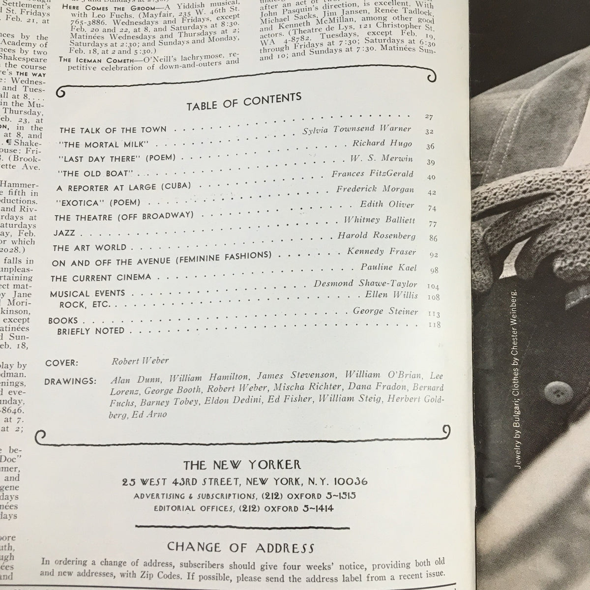 Table of contents from The New Yorker Magazine February 18, 1974 listing articles and contributions, including the cover credit to Robert Weber and various topics of interest.