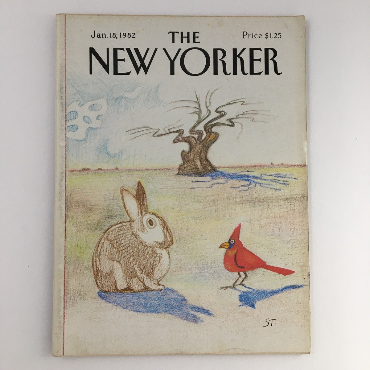 The New Yorker Magazine January 18 1982 Full Theme Cover by Saul Steinberg featuring a whimsical illustration of a rabbit and a cardinal in a serene landscape.