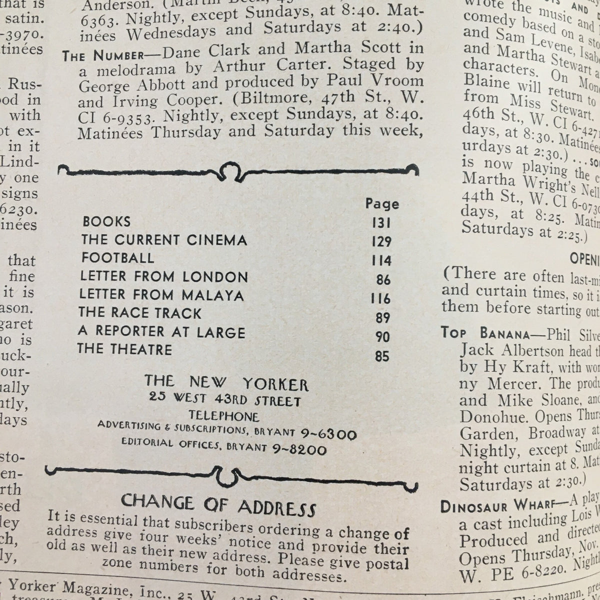 Interior page of The New Yorker Magazine November 3, 1951 showcasing editorial content and a list of articles, illustrating the magazine's classic layout.