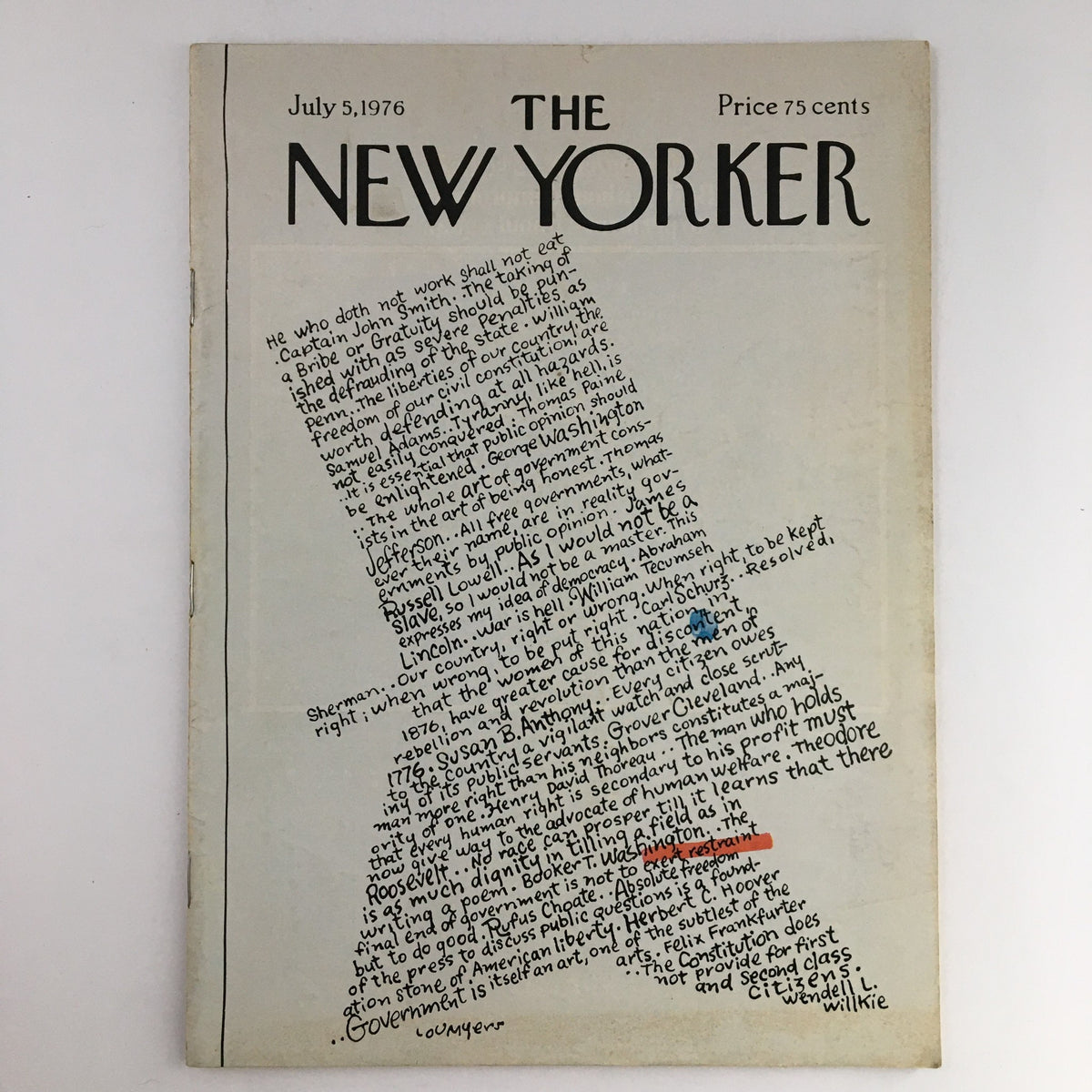 Cover of The New Yorker Magazine July 5 1976, featuring a unique artistic layout by Lou Myers, showcasing text and illustrations reflecting the cultural sentiment of the 1970s.